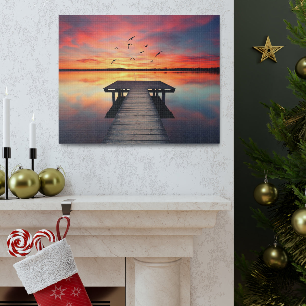 Wooden Bridge Lake View Dawn Nature Wilderness Photography Canvas Wall Art for Home Decor Ready-to-Hang-Express Your Love Gifts