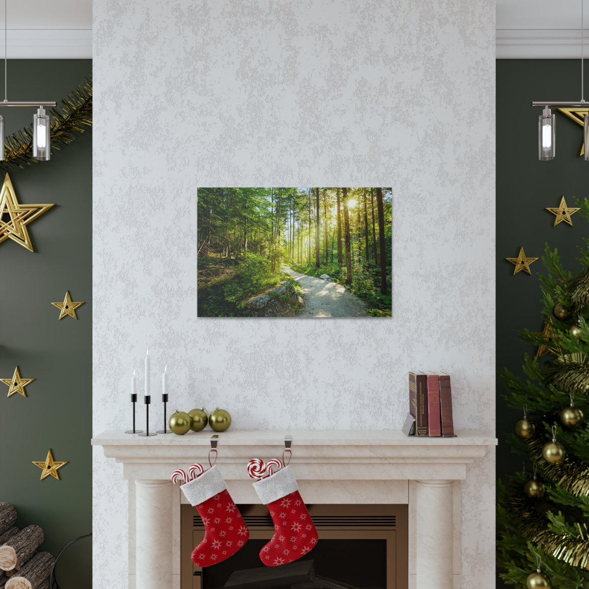 Sunlight Passing Through Green Forest Path Nature Wilderness Photography Canvas Wall Art for Home Decor Ready-to-Hang-Express Your Love Gifts