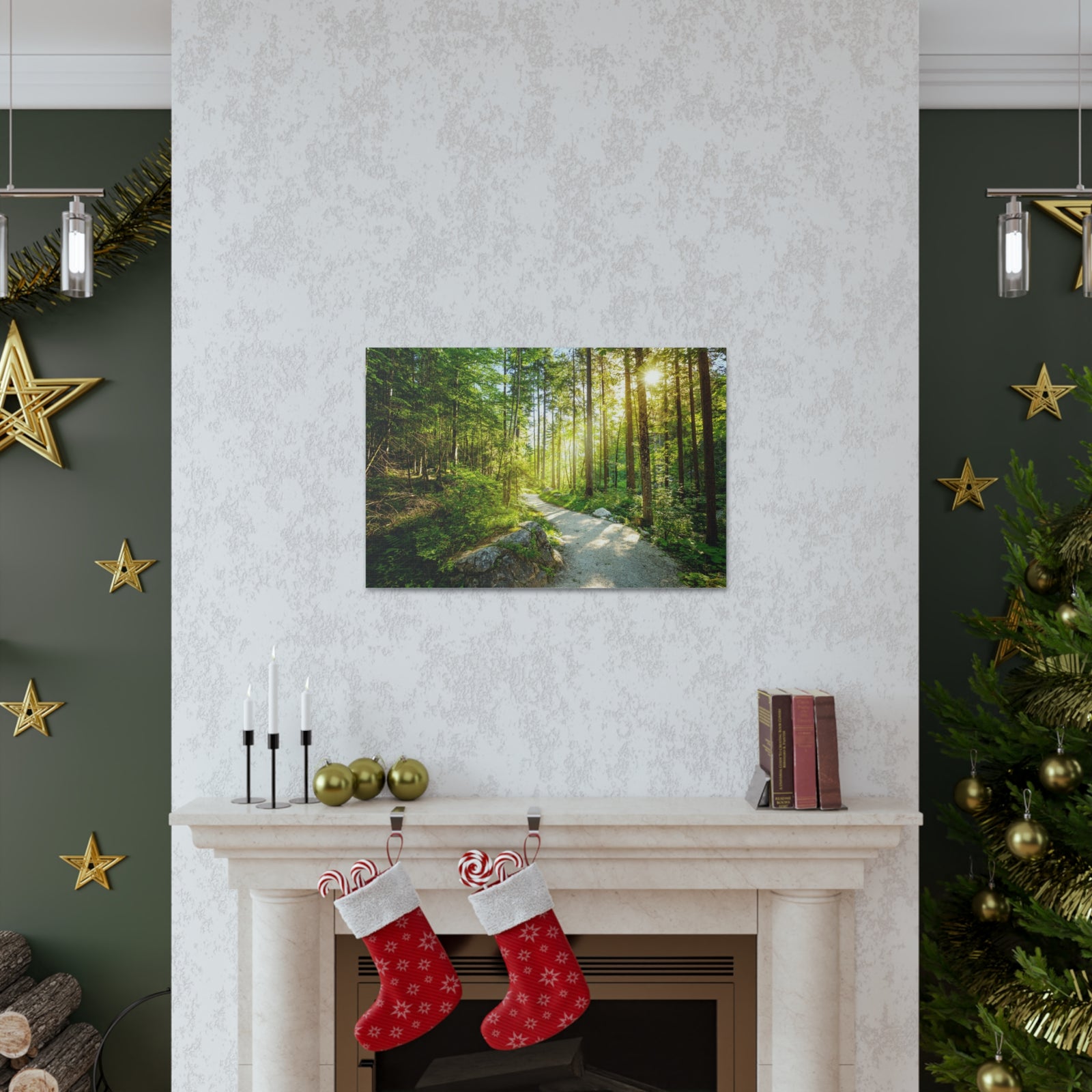 Sunlight Passing Through Green Forest Path Nature Wilderness Photography Canvas Wall Art for Home Decor Ready-to-Hang-Express Your Love Gifts