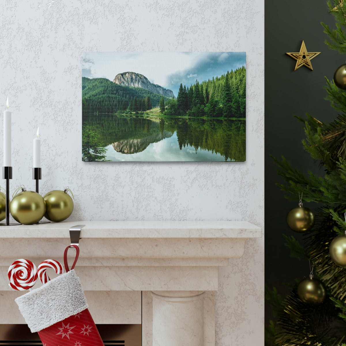 Green Forest With Lake Reflection Nature Wilderness Photography Canvas Wall Art for Home Decor Ready-to-Hang-Express Your Love Gifts