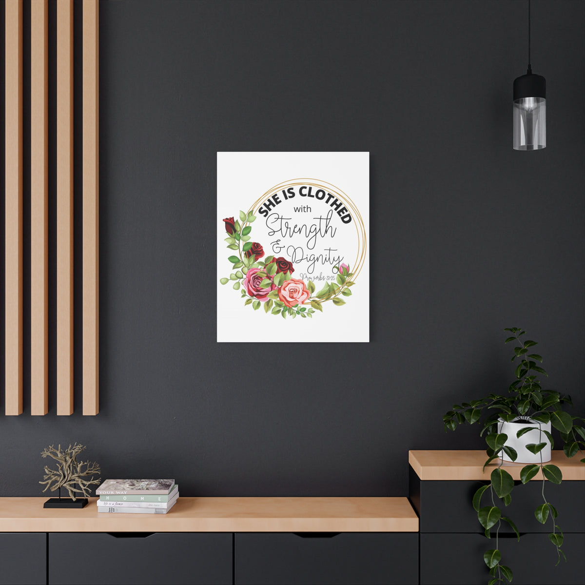 Scripture Walls Proverbs 31:25 Strength and Dignity Floral Wreath Bible Verse Canvas Christian Wall Art Ready to Hang Unframed-Express Your Love Gifts