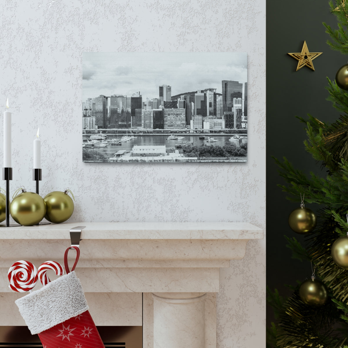 Hong Kong Black And White Skyline Canvas Artwork High-Quality Breathtaking Stunning Cityscape for Home Decor Ready to Hang-Express Your Love Gifts