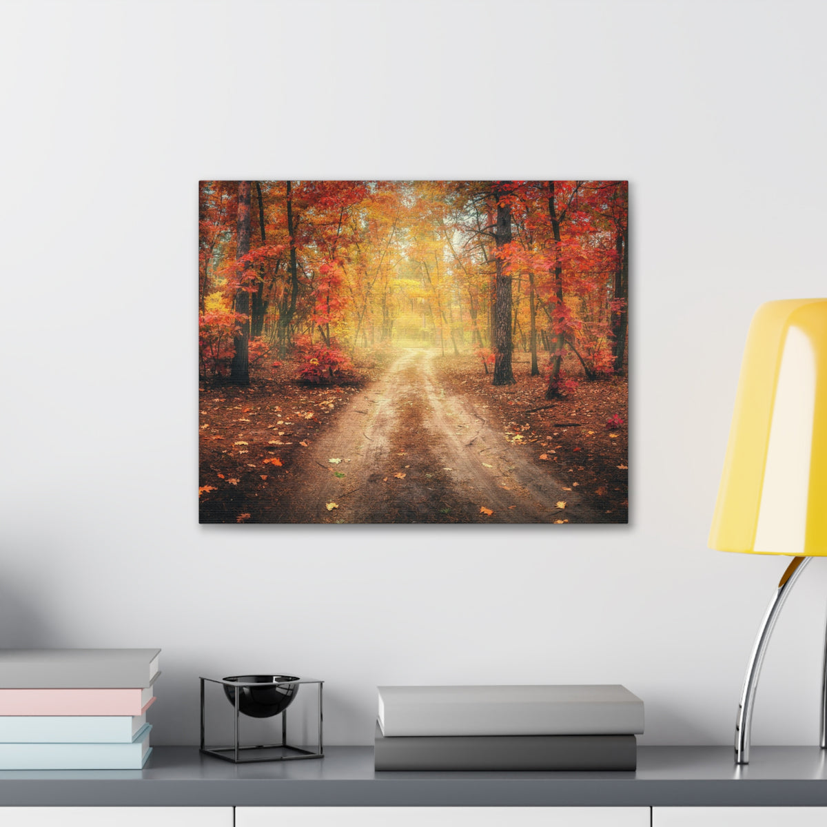 Autumn Forest Misty Orange Tree Path Nature Wilderness Photography Canvas Wall Art for Home Decor Ready-to-Hang-Express Your Love Gifts