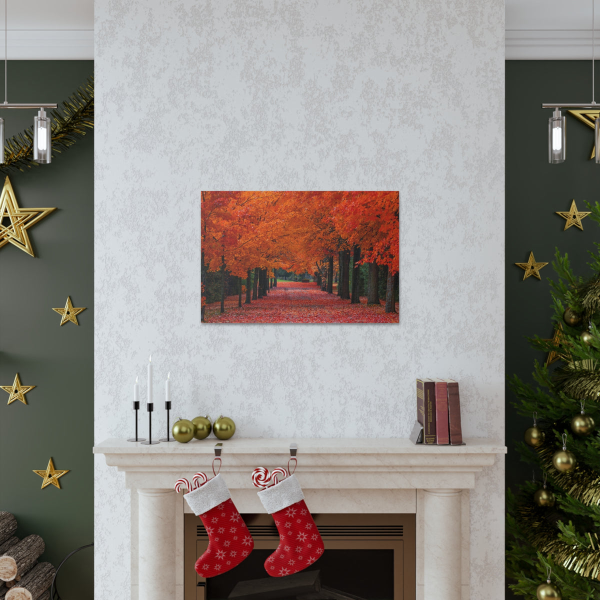 Autumn Forest Orange Leave Tree Trail Nature Wilderness Photography Canvas Wall Art for Home Decor Ready-to-Hang-Express Your Love Gifts