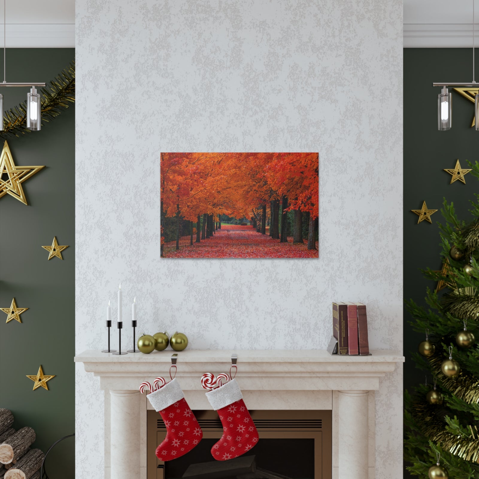 Autumn Forest Orange Leave Tree Trail Nature Wilderness Photography Canvas Wall Art for Home Decor Ready-to-Hang-Express Your Love Gifts