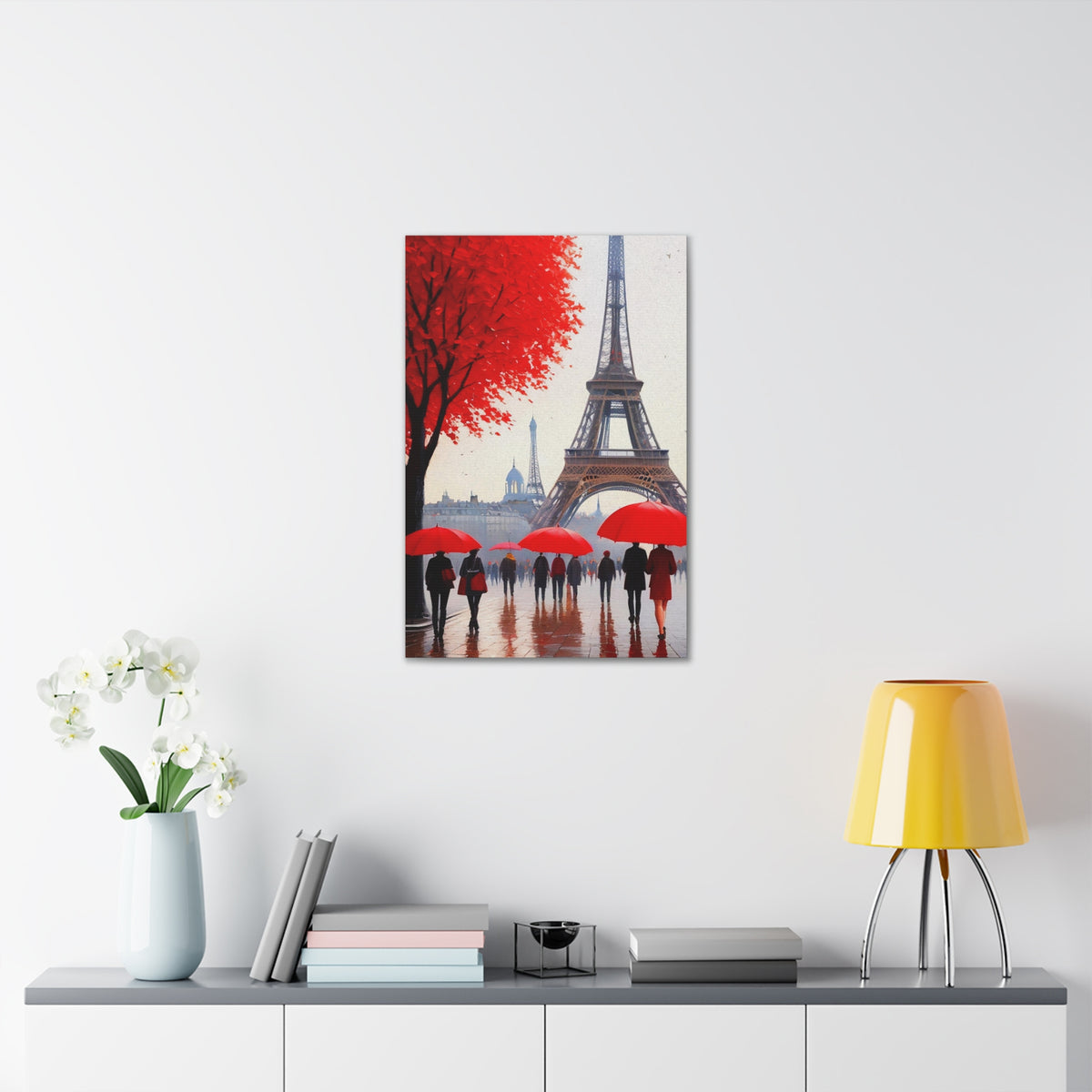 Paris Eiffel Tower Crowd With Red Umbrella France Canvas Artwork High-Quality Breathtaking French City for Home Decor Ready to Hang-Express Your Love Gifts