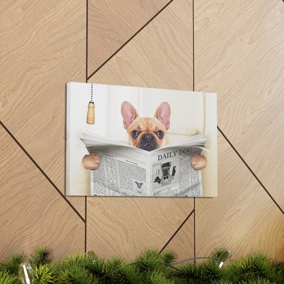Fawn French Bulldog Reading Newspaper On Toilet Funny Canvas Wall Art for Home Decor Ready-to-Hand-Express Your Love Gifts