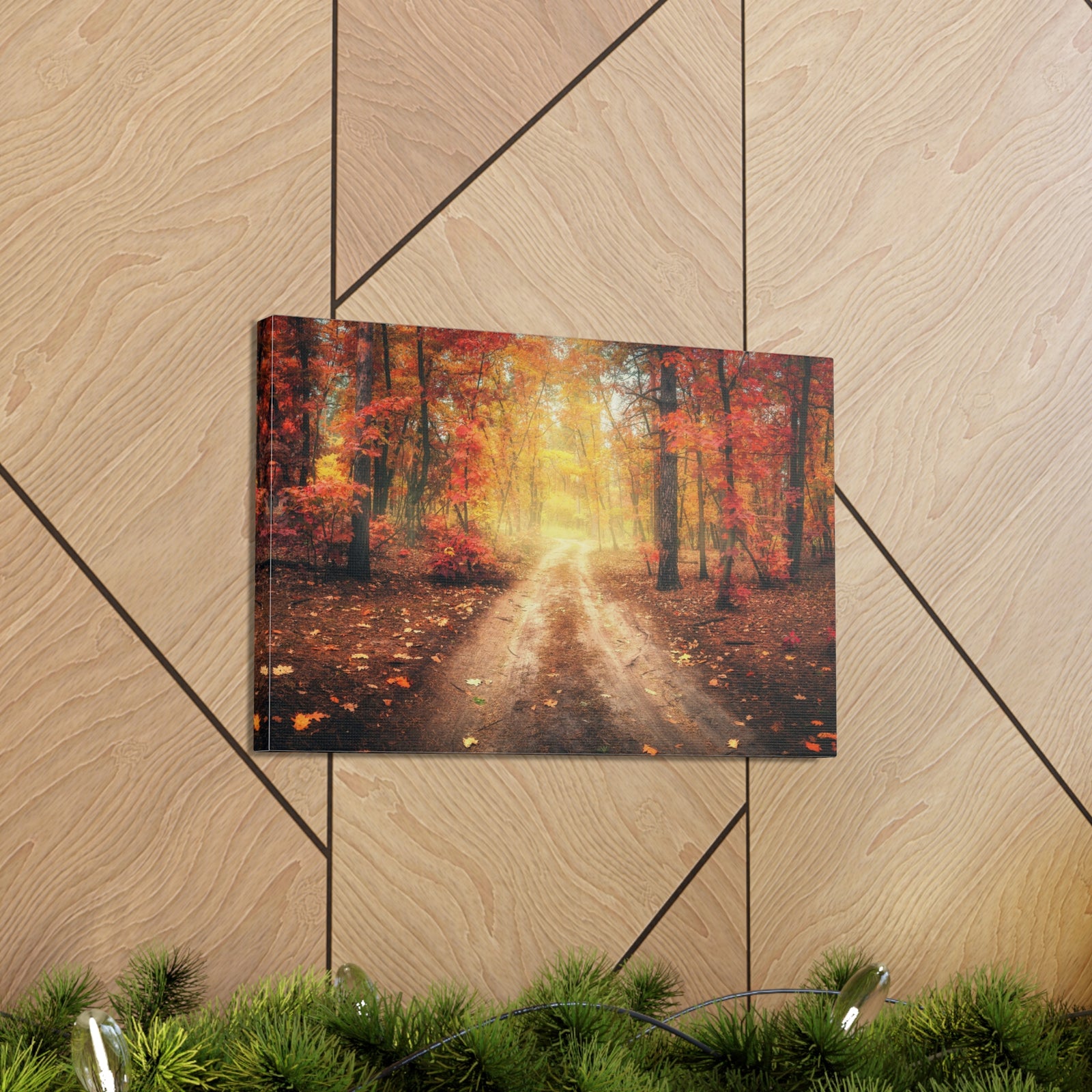 Autumn Forest Misty Orange Tree Path Nature Wilderness Photography Canvas Wall Art for Home Decor Ready-to-Hang-Express Your Love Gifts