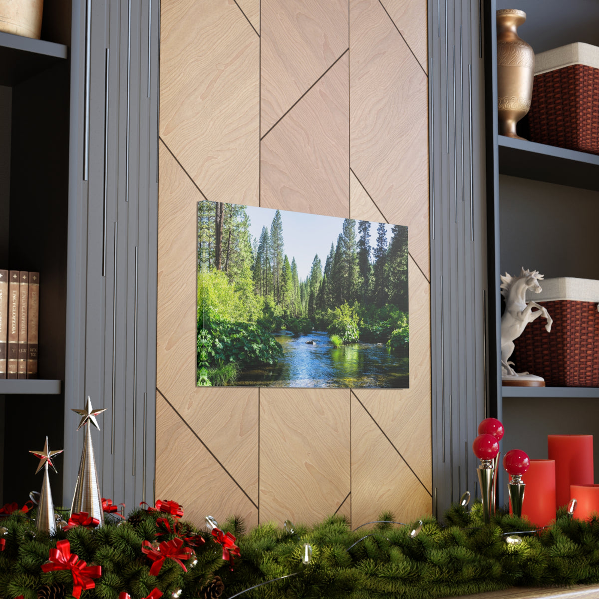 River Through The Green Forest Nature Wilderness Photography Canvas Wall Art for Home Decor Ready-to-Hang-Express Your Love Gifts