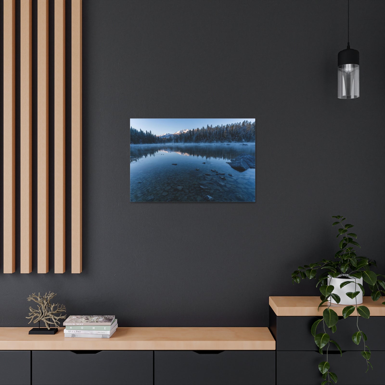 Clear Winter Lake Pine Tree Mountain Nature Wilderness Photography Canvas Wall Art for Home Decor Ready-to-Hang-Express Your Love Gifts
