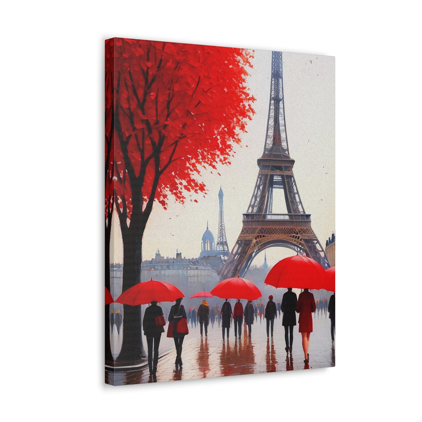 Paris Eiffel Tower Crowd With Red Umbrella France Canvas Artwork High-Quality Breathtaking French City for Home Decor Ready to Hang-Express Your Love Gifts
