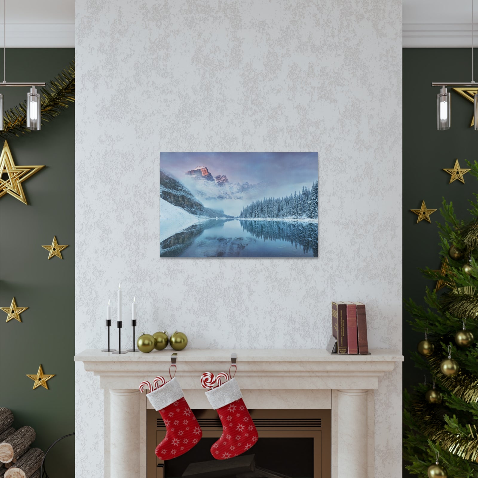 Mountain Winter Lake Pine Tree Nature Wilderness Photography Canvas Wall Art for Home Decor Ready-to-Hang-Express Your Love Gifts