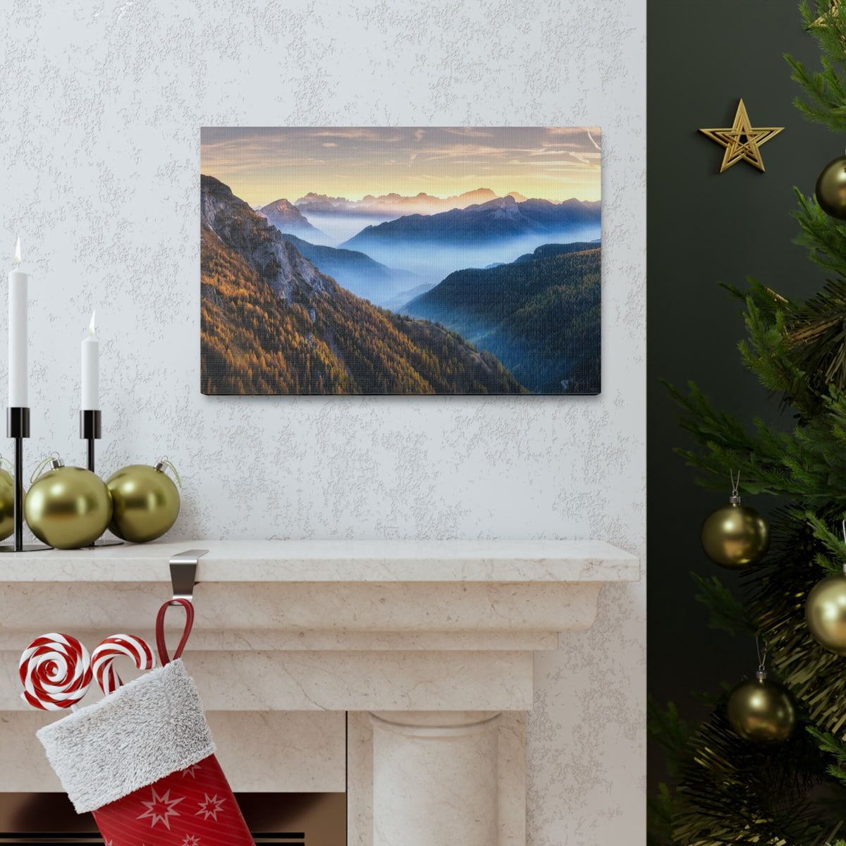 Golden Mountains Misty Nature Wilderness Photography Canvas Wall Art for Home Decor Ready-to-Hang-Express Your Love Gifts