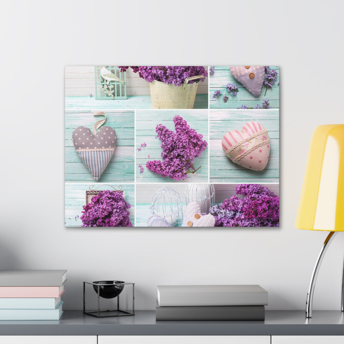 Lilac Flowers Decorative Hearts Collage On Wooden Plank Canvas Wall Art for Home Decor Ready-to-Hang-Express Your Love Gifts