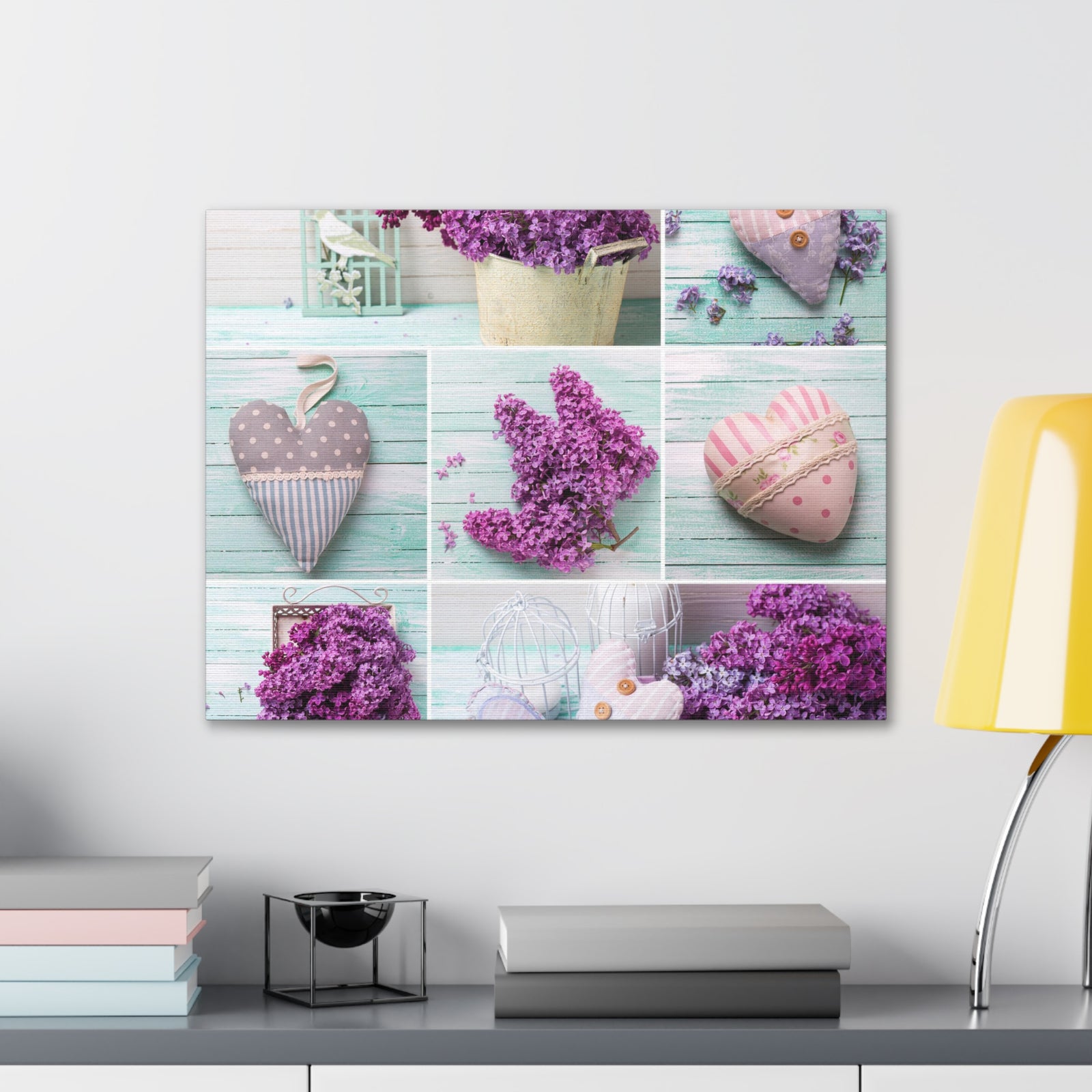 Lilac Flowers Decorative Hearts Collage On Wooden Plank Canvas Wall Art for Home Decor Ready-to-Hang-Express Your Love Gifts