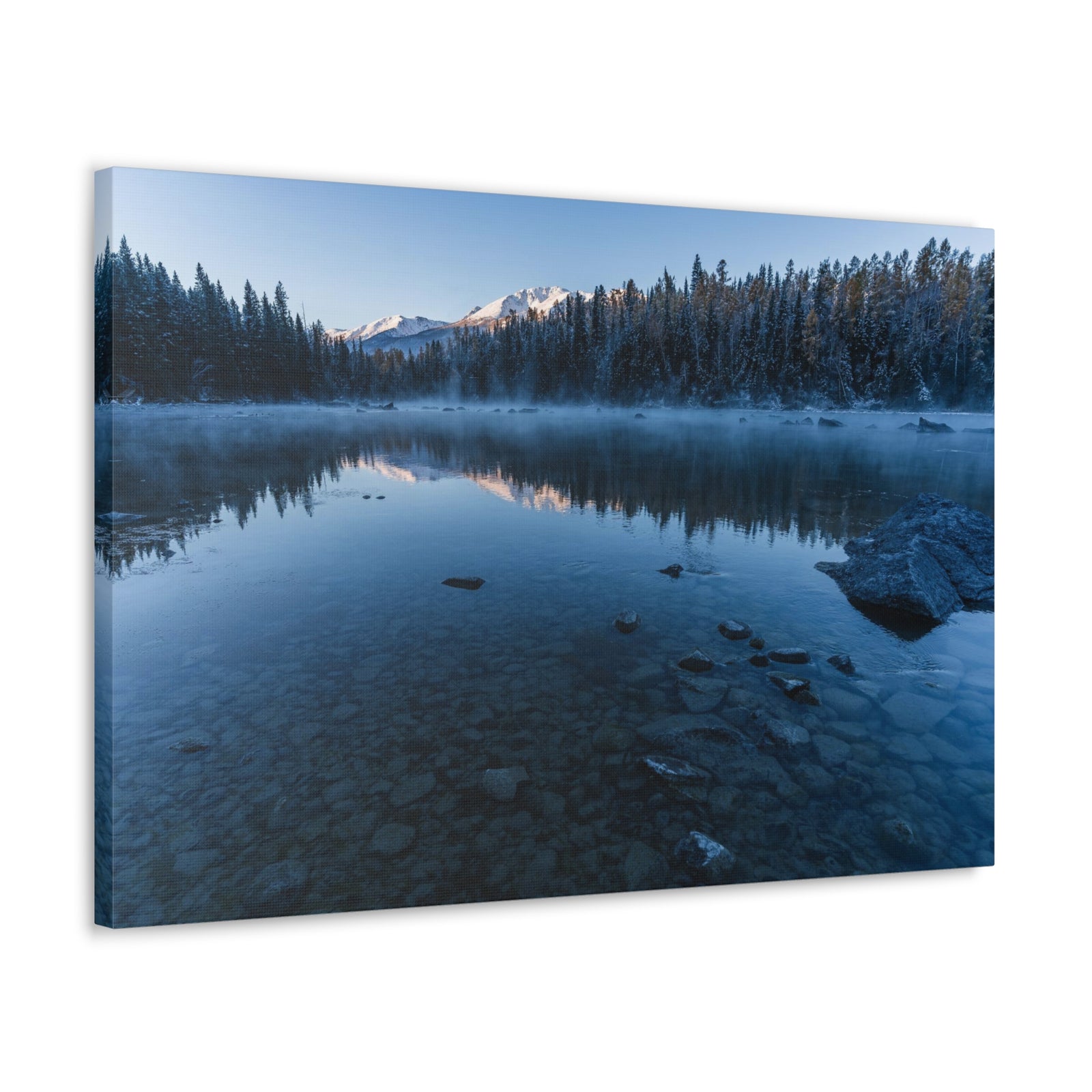 Clear Winter Lake Pine Tree Mountain Nature Wilderness Photography Canvas Wall Art for Home Decor Ready-to-Hang-Express Your Love Gifts