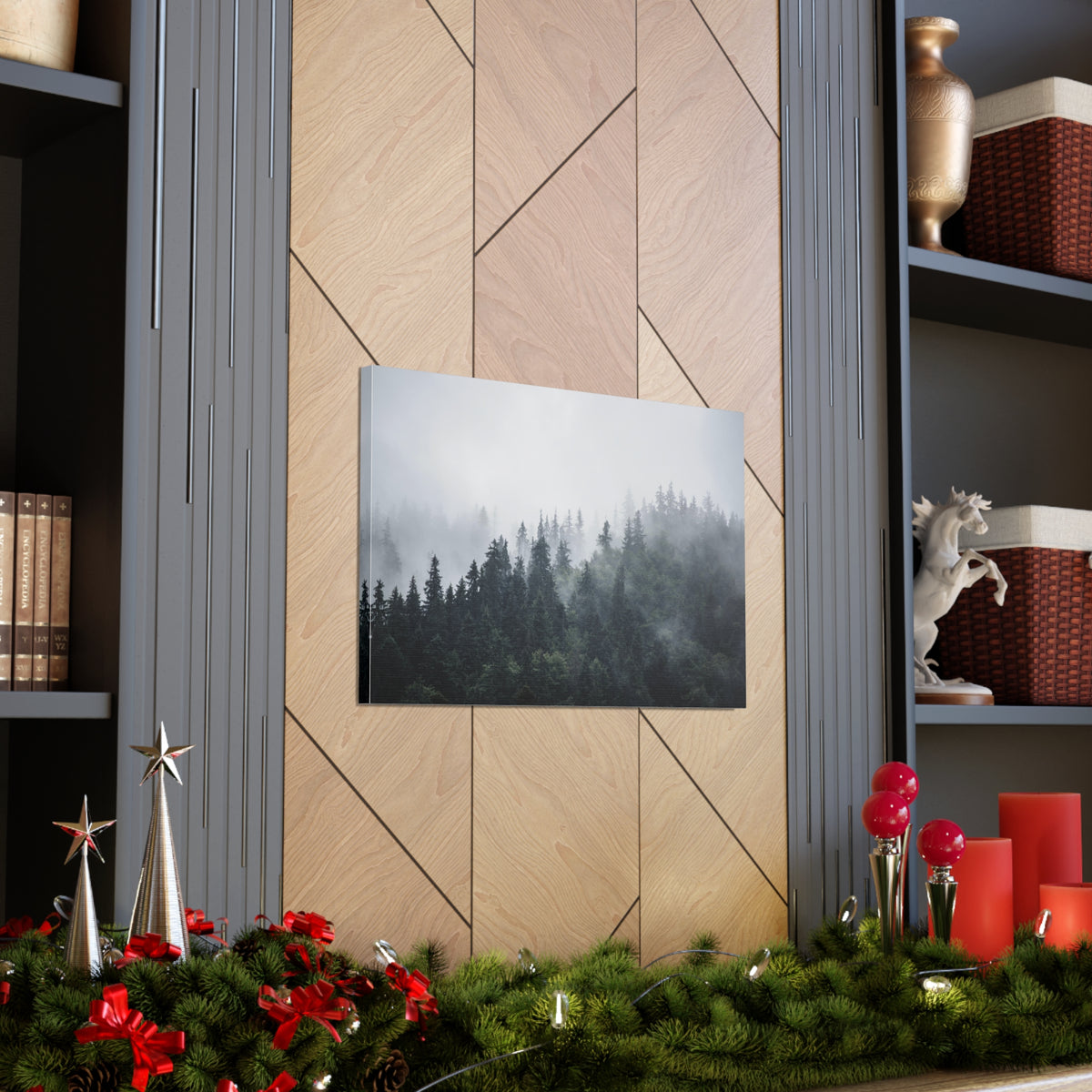 Foggy Pine Tree Green Forest Nature Wilderness Photography Canvas Wall Art for Home Decor Ready-to-Hang-Express Your Love Gifts