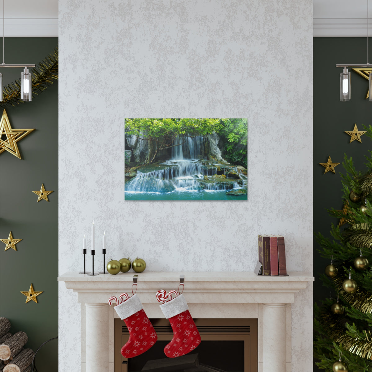 Forest Jungle Cascading Waterfall Nature Wilderness Photography Canvas Wall Art for Home Decor Ready-to-Hang-Express Your Love Gifts