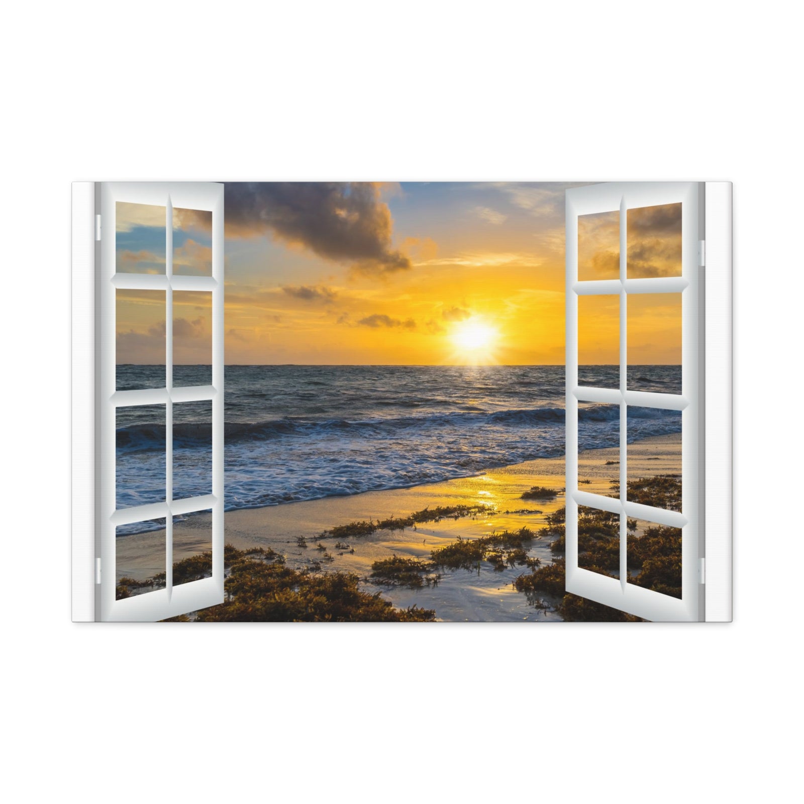 Canvas Print Wall Art Window Sunset Ocean Beach View Nature Photography Realism Scenic Landscape Colorful Multicolor for Home Decor Ready to Hang-Express Your Love Gifts