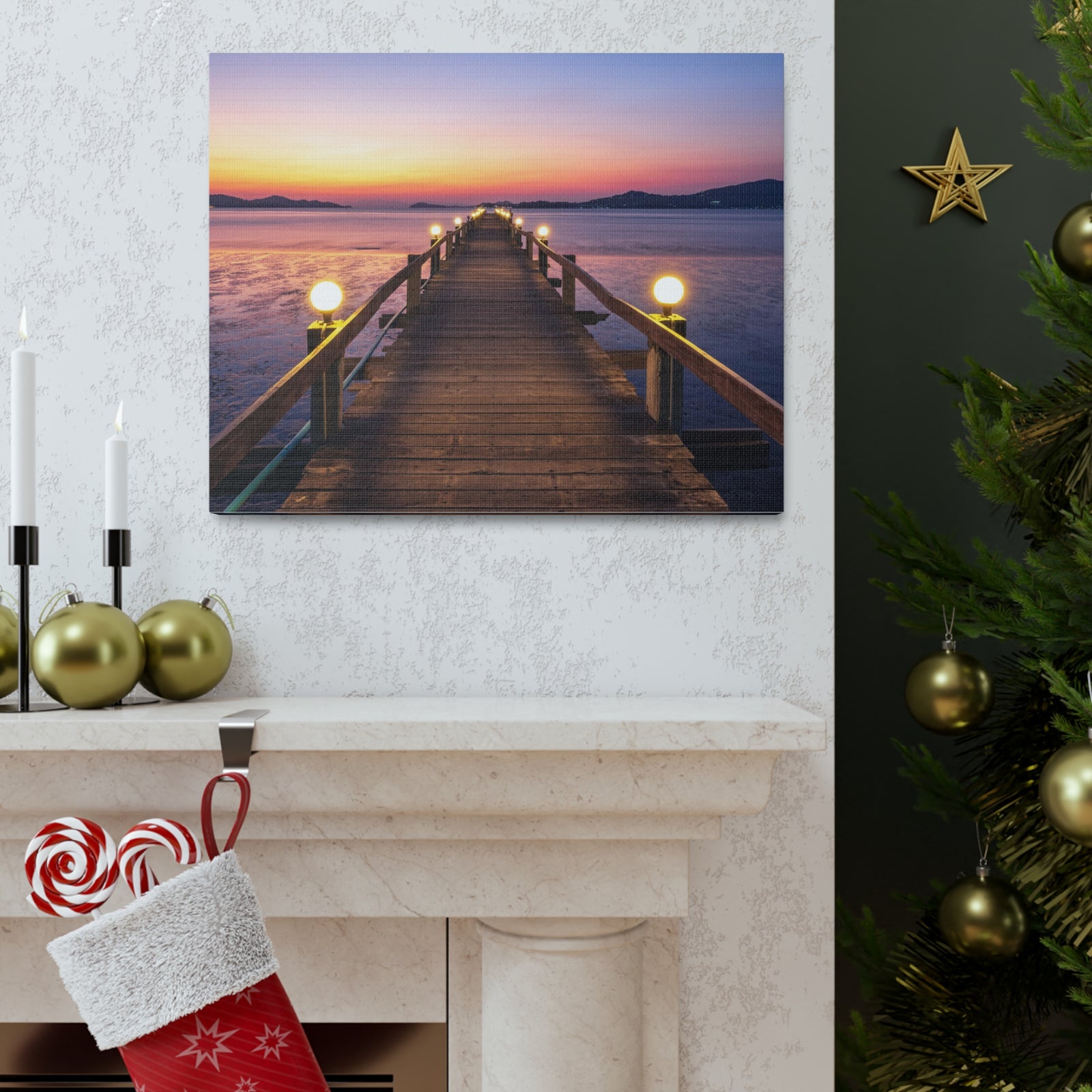 Sunset Wooden Bridge Lake View Nature Wilderness Photography Canvas Wall Art for Home Decor Ready-to-Hang-Express Your Love Gifts