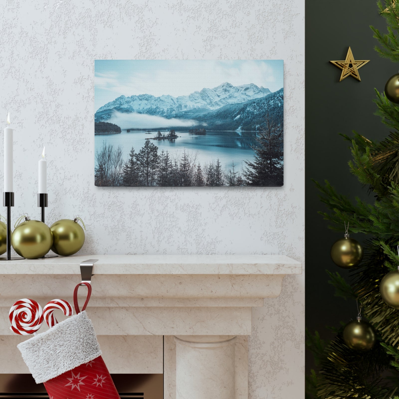 Winter Mountain Lake Pine Tree Lake Nature Wilderness Photography Canvas Wall Art for Home Decor Ready-to-Hang-Express Your Love Gifts