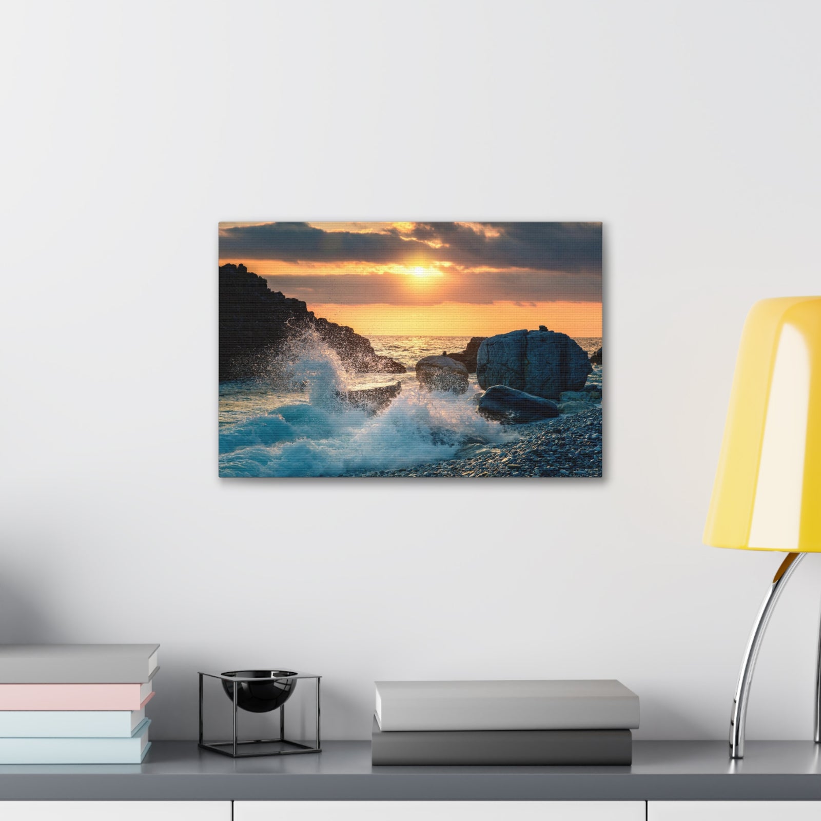 Sea Ocean Wave Hit Rock Beach Sunset Seascape Ocean Canvas Wall Art for Home Decor Ready-to-Hang-Express Your Love Gifts