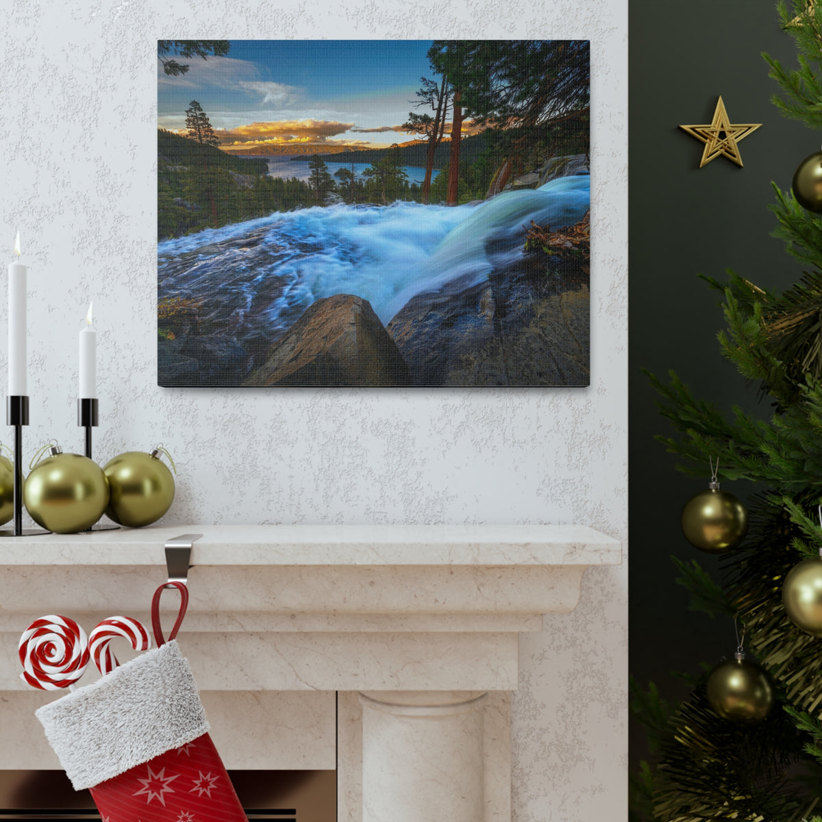 Lake Tahoe Sunset Rushing Water Modern Multicolor Scenic Nature Photography Canvas Home Office Decor Ready to Hang-Express Your Love Gifts