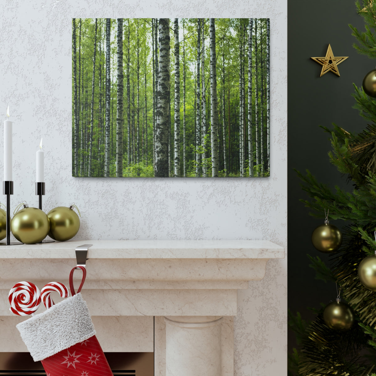 White Birch Trees in Green Forest Nature Wilderness Photography Canvas Wall Art for Home Decor Ready-to-Hang-Express Your Love Gifts