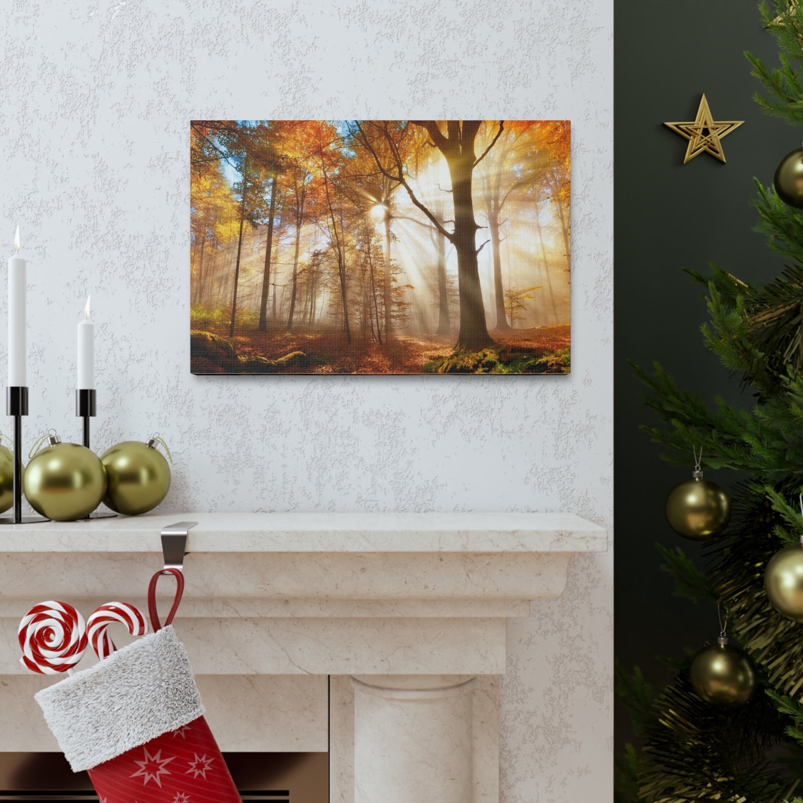 Sunlight Shine Autumn Forest Nature Wilderness Photography Canvas Wall Art for Home Decor Ready-to-Hang-Express Your Love Gifts