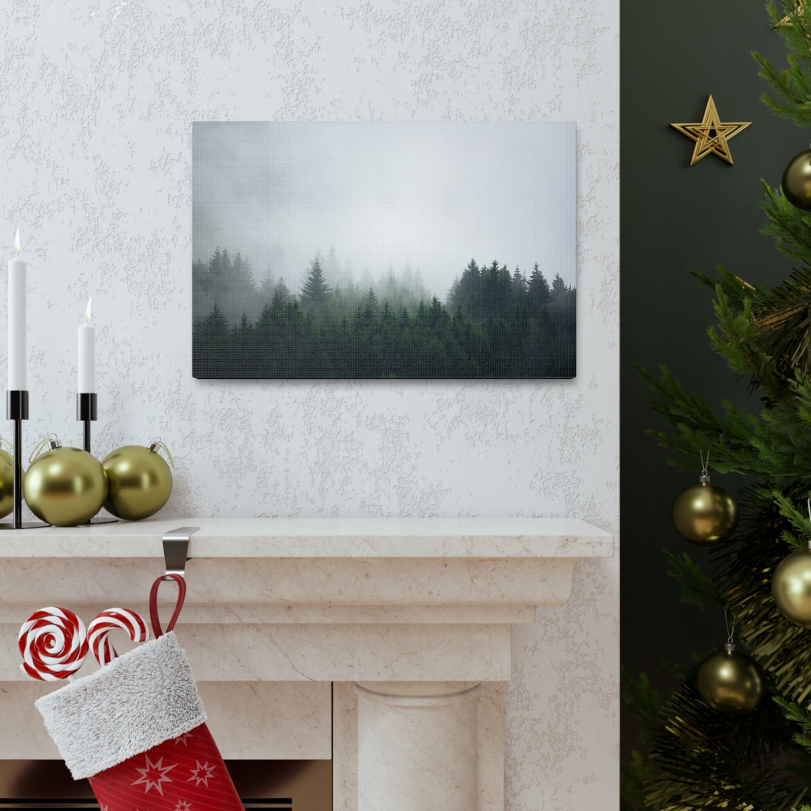 Foggy Dark Forest Nature Wilderness Photography Canvas Wall Art for Home Decor Ready-to-Hang-Express Your Love Gifts