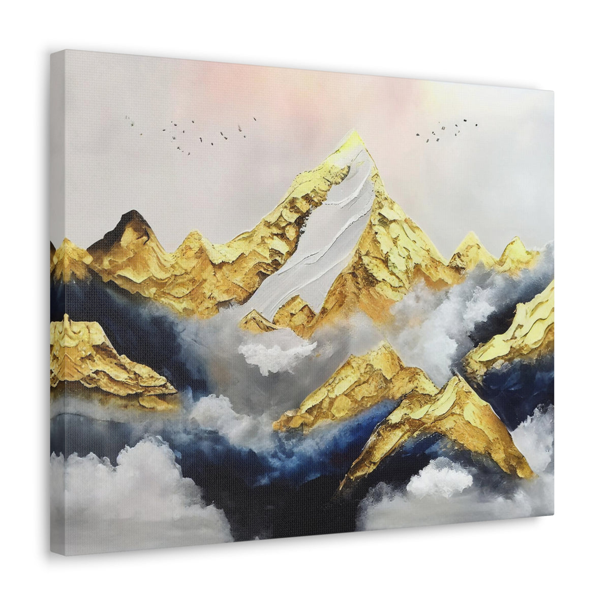 Mountaintop Landscape Birds Flying White Gold and Blue Painting Canvas Wall Art for Home Decor Ready-to-Hang-Express Your Love Gifts