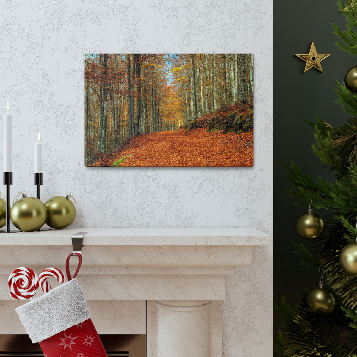 Path Through Red & Orange Autumn Park Nature Wilderness Photography Canvas Wall Art for Home Decor Ready-to-Hang-Express Your Love Gifts