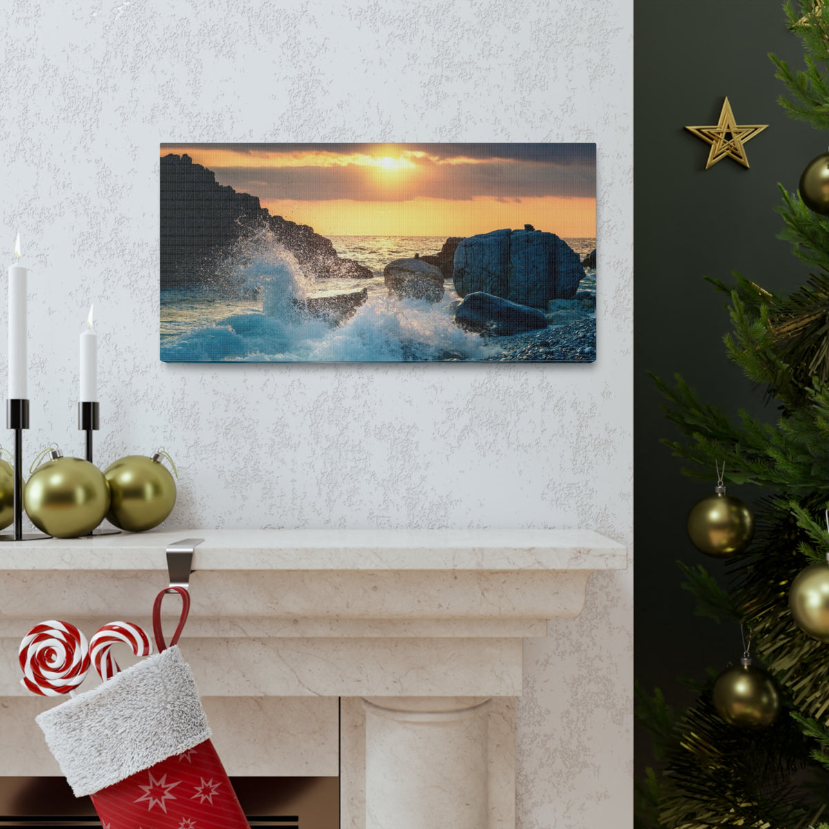 Sea Ocean Wave Hit Rock Beach Sunset Seascape Ocean Canvas Wall Art for Home Decor Ready-to-Hang-Express Your Love Gifts