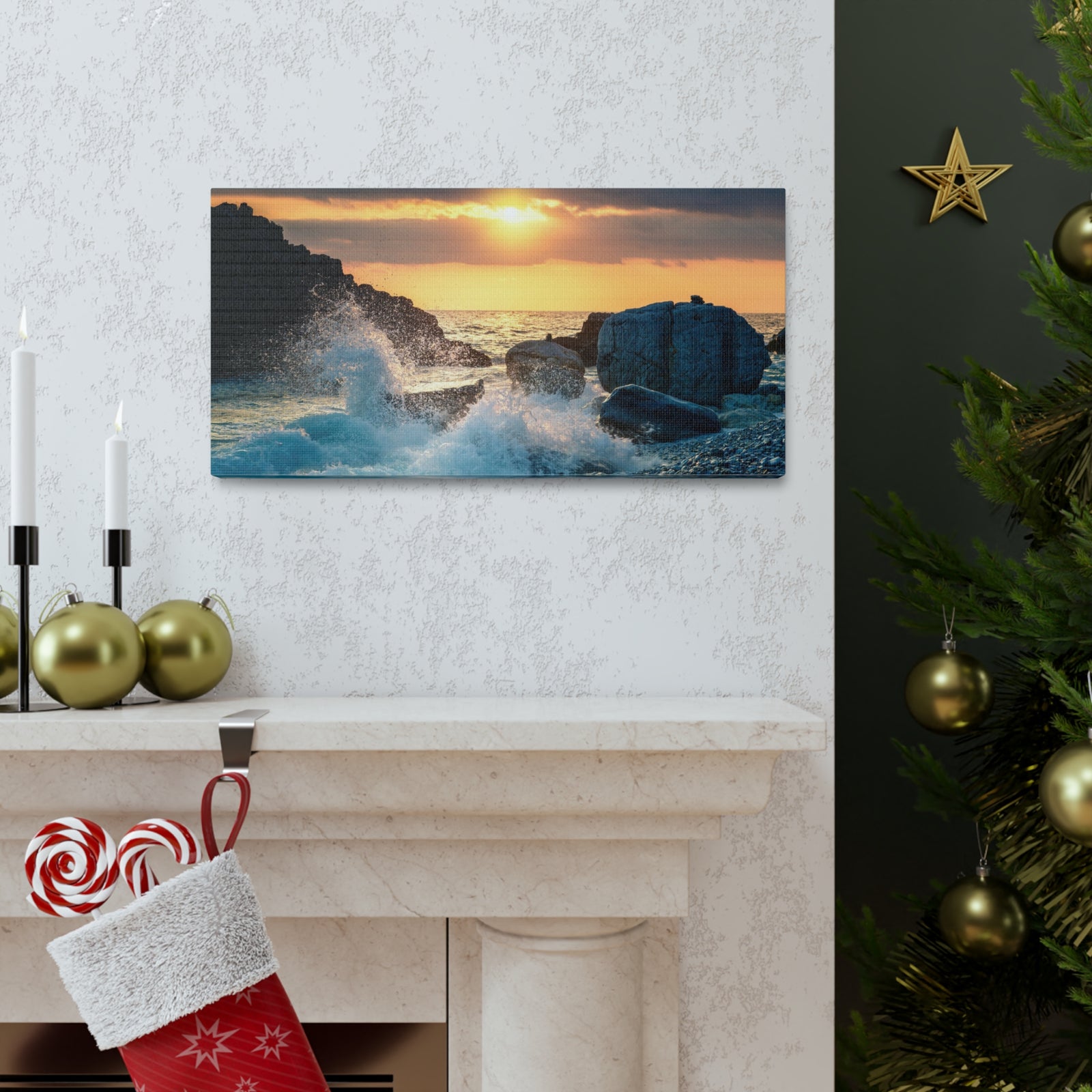 Sea Ocean Wave Hit Rock Beach Sunset Seascape Ocean Canvas Wall Art for Home Decor Ready-to-Hang-Express Your Love Gifts