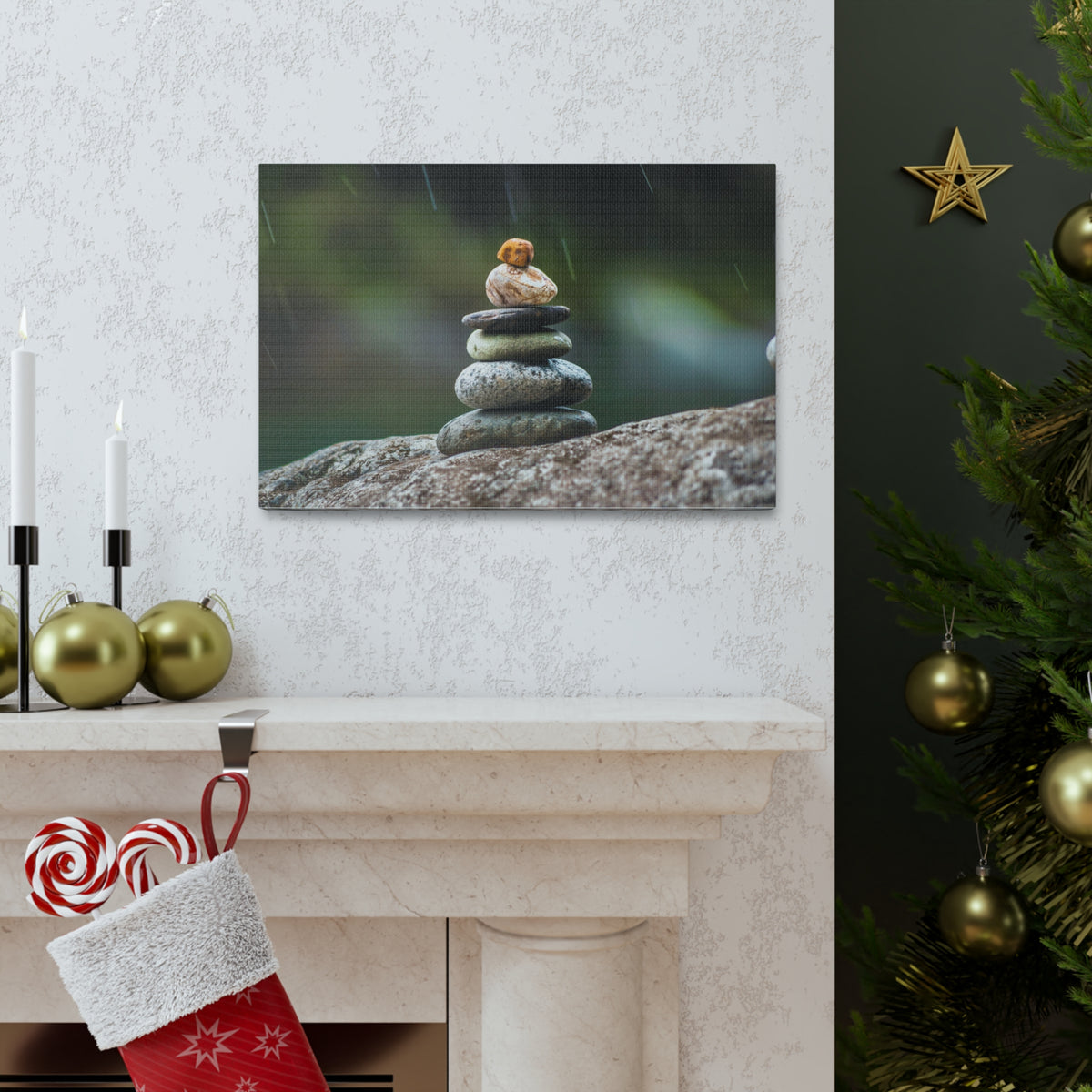 Rocks in Peaceful Rainforest Forest Floral Nature Photography Canvas Wall Art for Home Decor Ready-to-Hang-Express Your Love Gifts