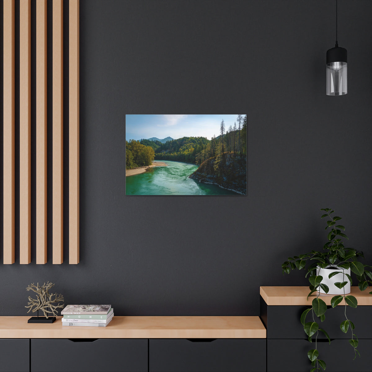 River Through Pine Tree Green Forest Nature Wilderness Photography Canvas Wall Art for Home Decor Ready-to-Hang-Express Your Love Gifts