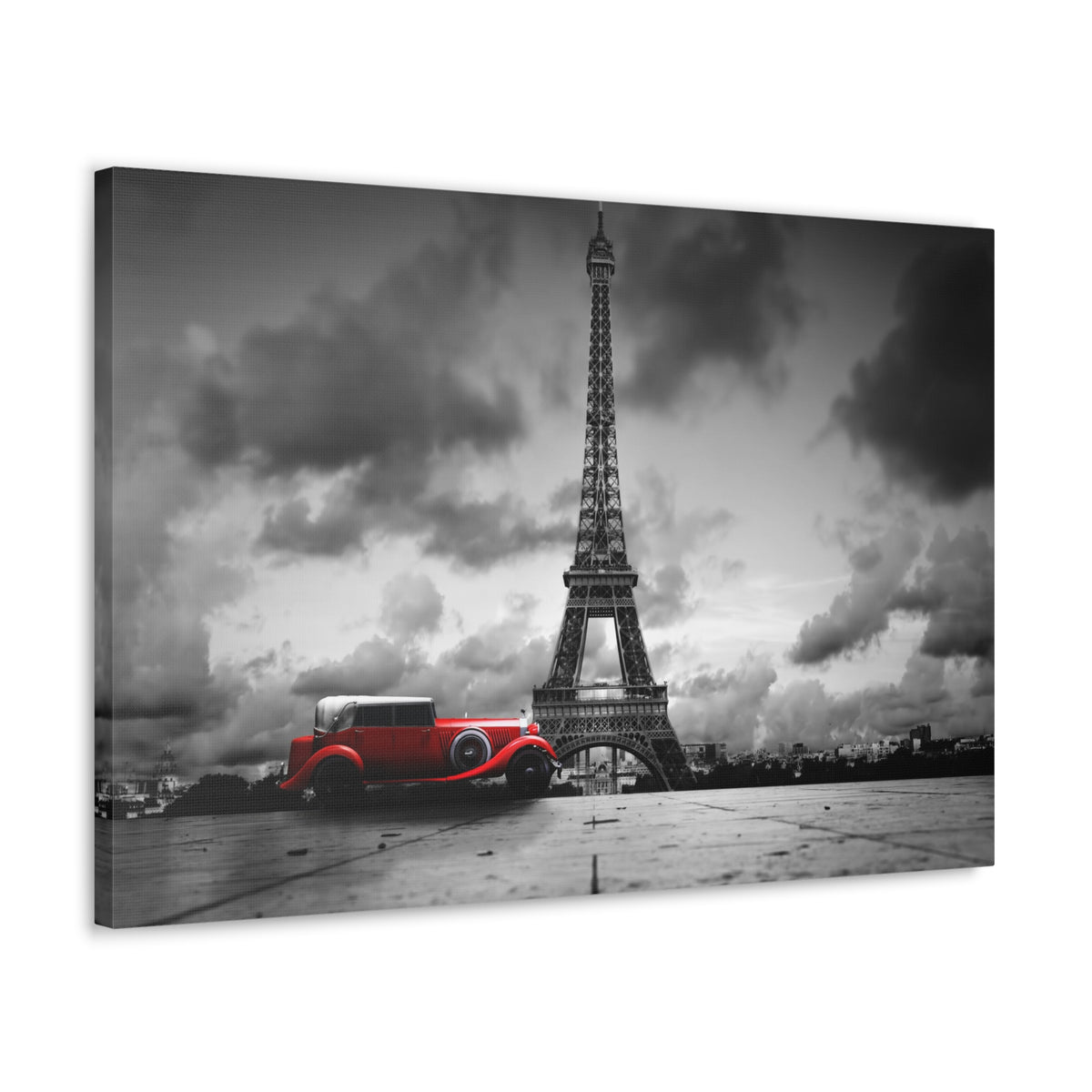 Eiffel Tower Skyline Black White Rain Red Umbrella Canvas Artwork High-Quality Breathtaking Stunning Cityscape for Home Decor Ready to Hang-Express Your Love Gifts