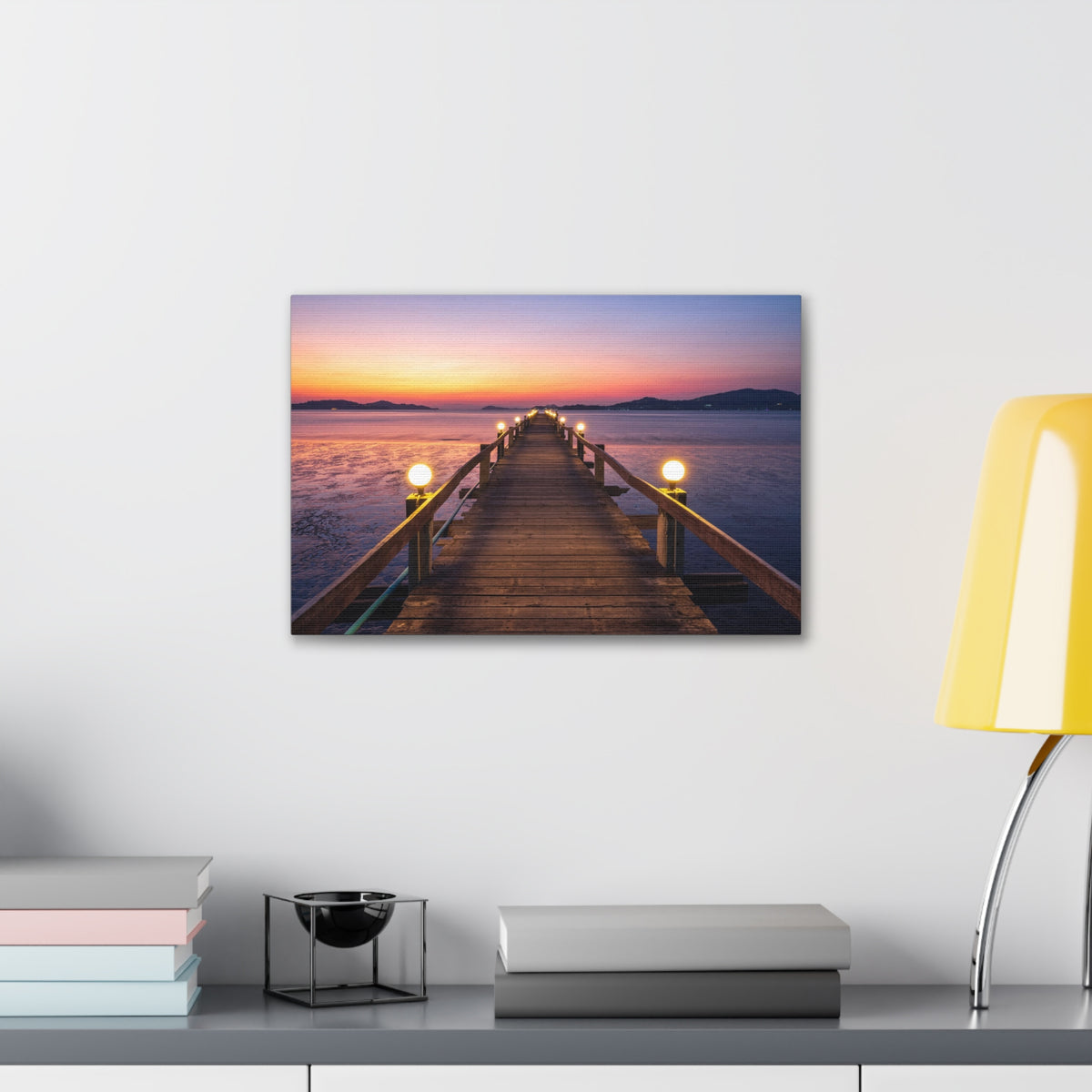 Sunset Wooden Bridge Lake View Nature Wilderness Photography Canvas Wall Art for Home Decor Ready-to-Hang-Express Your Love Gifts