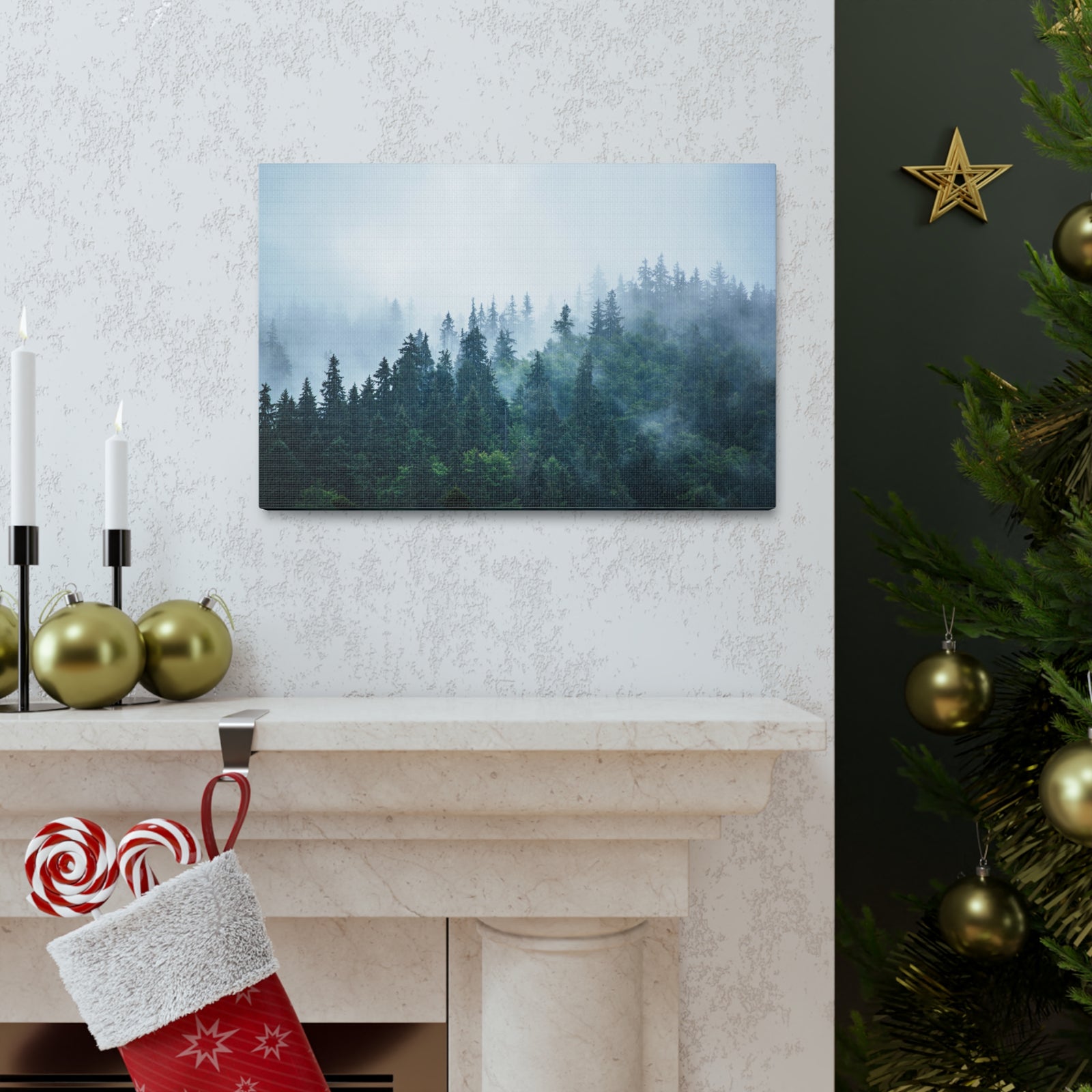 Misty Dark Mountain Forest Nature Wilderness Photography Canvas Wall Art for Home Decor Ready-to-Hang-Express Your Love Gifts