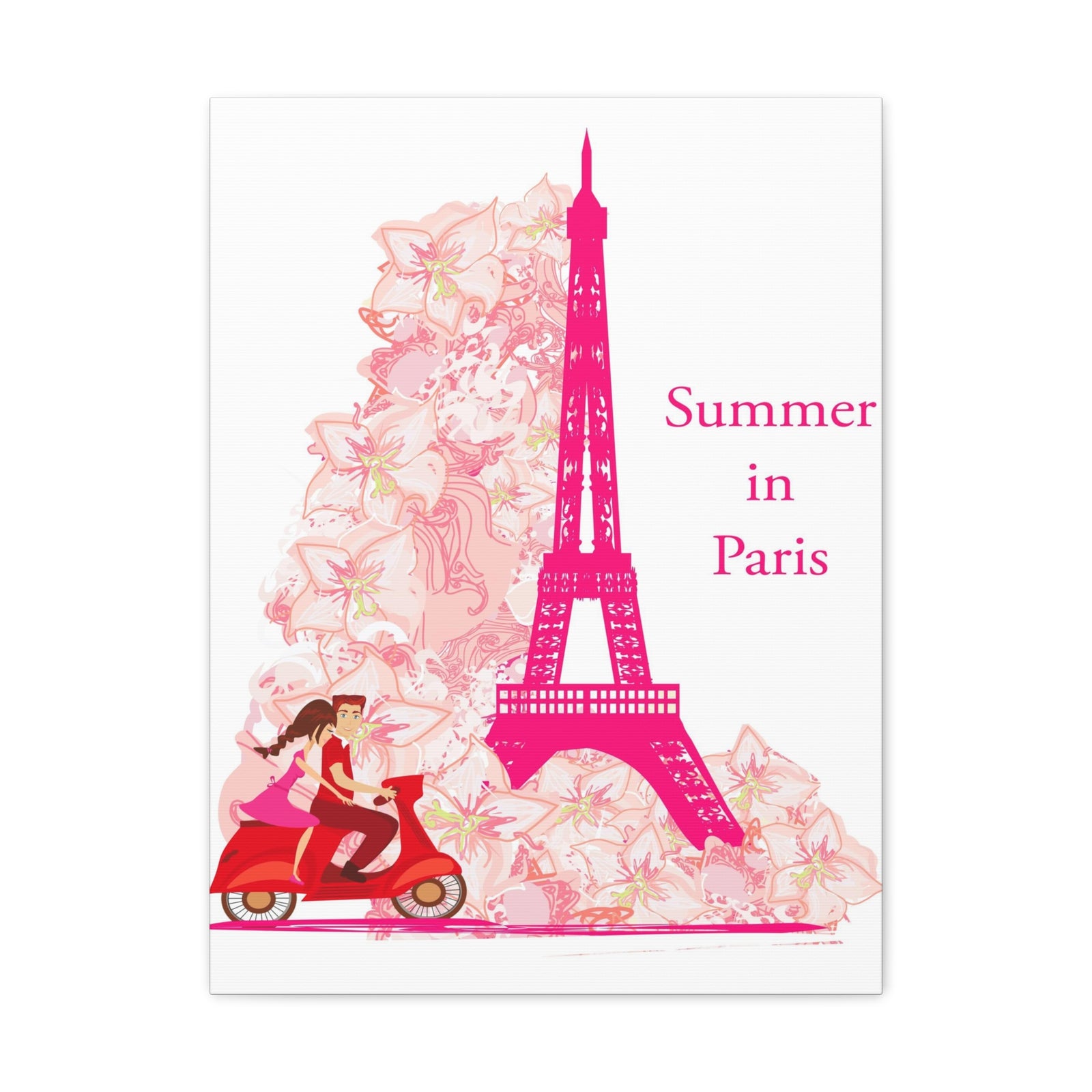 Pink Eiffel Tower Couple On Scooter Paris France Canvas Artwork High-Quality Breathtaking French City for Home Decor Ready to Hang-Express Your Love Gifts