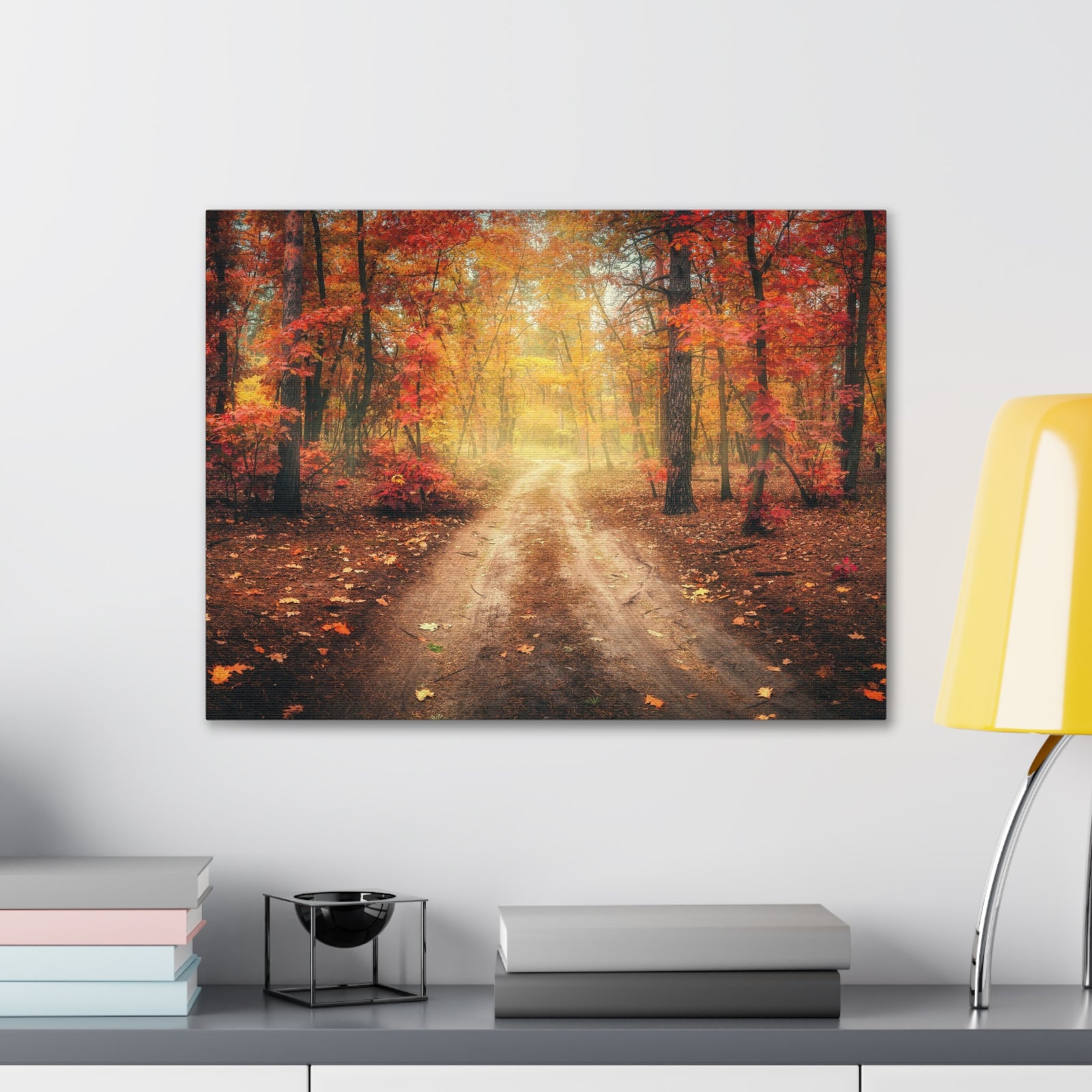 Autumn Forest Misty Orange Tree Path Nature Wilderness Photography Canvas Wall Art for Home Decor Ready-to-Hang-Express Your Love Gifts