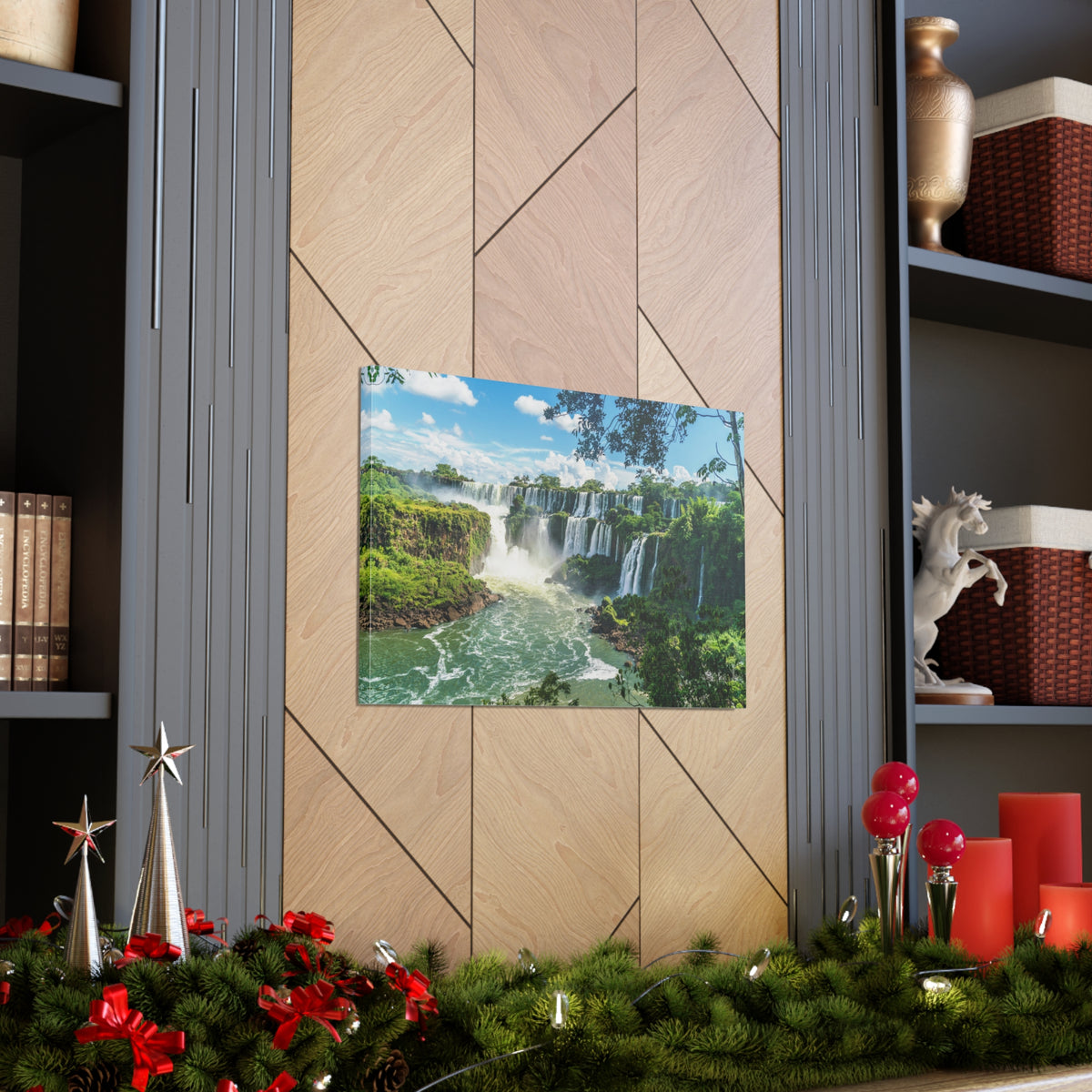 Green Jungle Cascading Waterfall Nature Wilderness Photography Canvas Wall Art for Home Decor Ready-to-Hang-Express Your Love Gifts