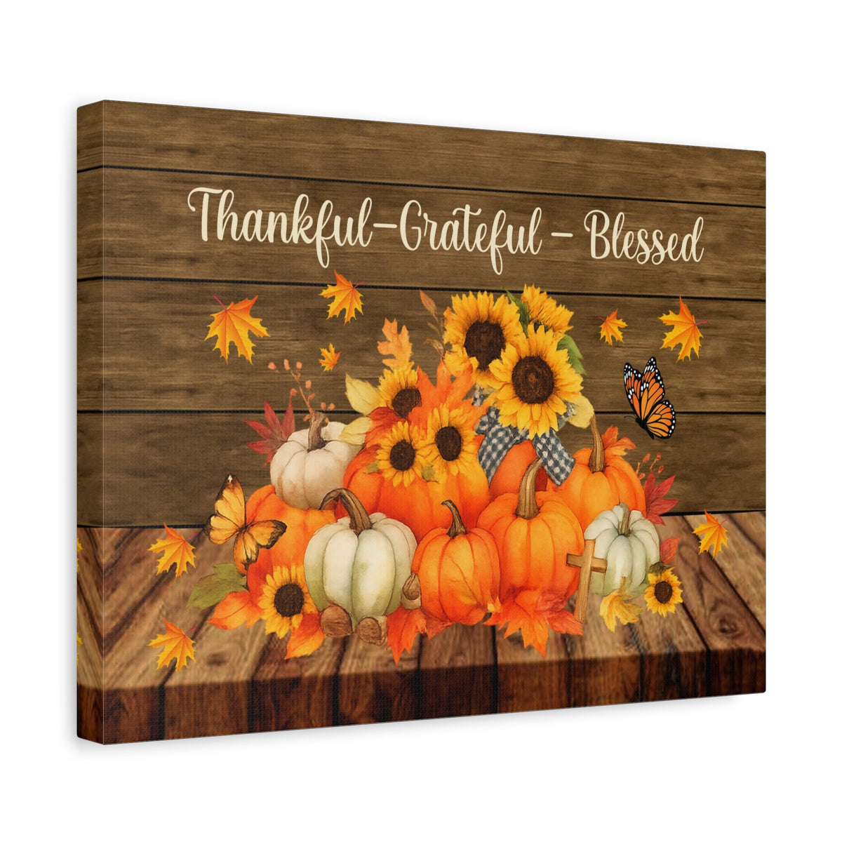 Thankful Grateful Blessed Pumpkin Canvas Wall Art – Rustic Autumn Decor-Express Your Love Gifts