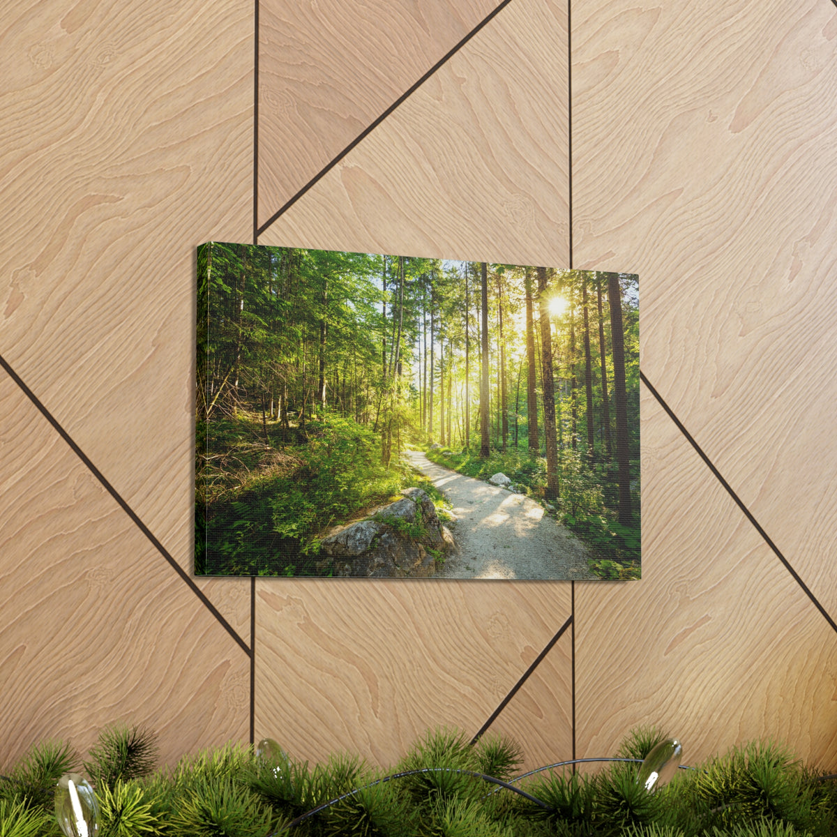 Sunlight Passing Through Green Forest Path Nature Wilderness Photography Canvas Wall Art for Home Decor Ready-to-Hang-Express Your Love Gifts
