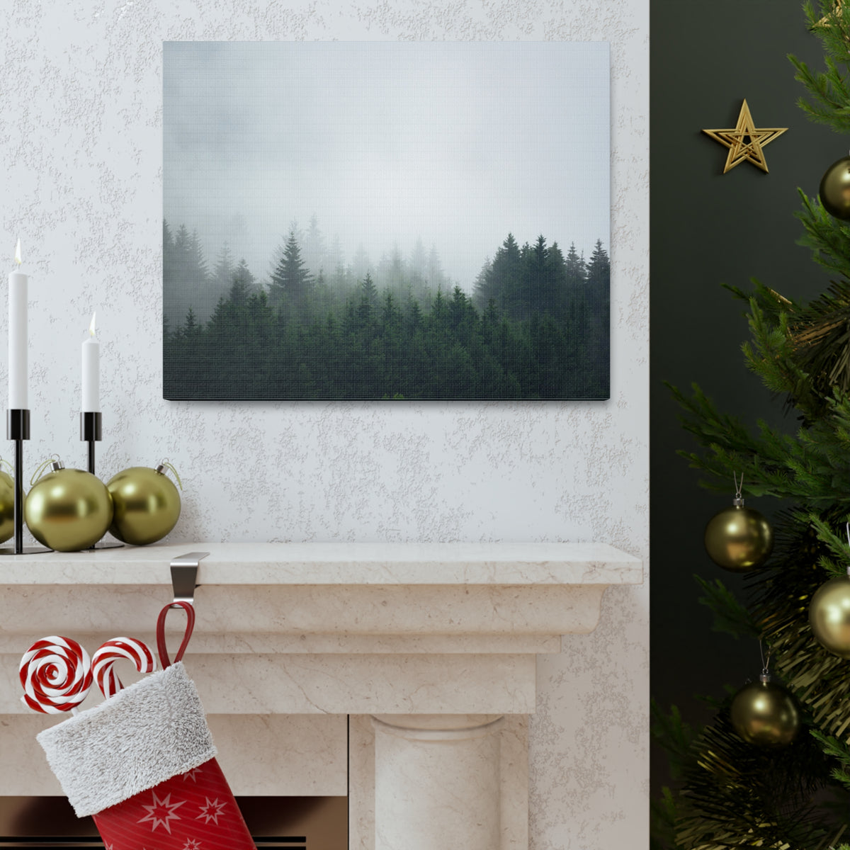 Foggy Dark Forest Nature Wilderness Photography Canvas Wall Art for Home Decor Ready-to-Hang-Express Your Love Gifts