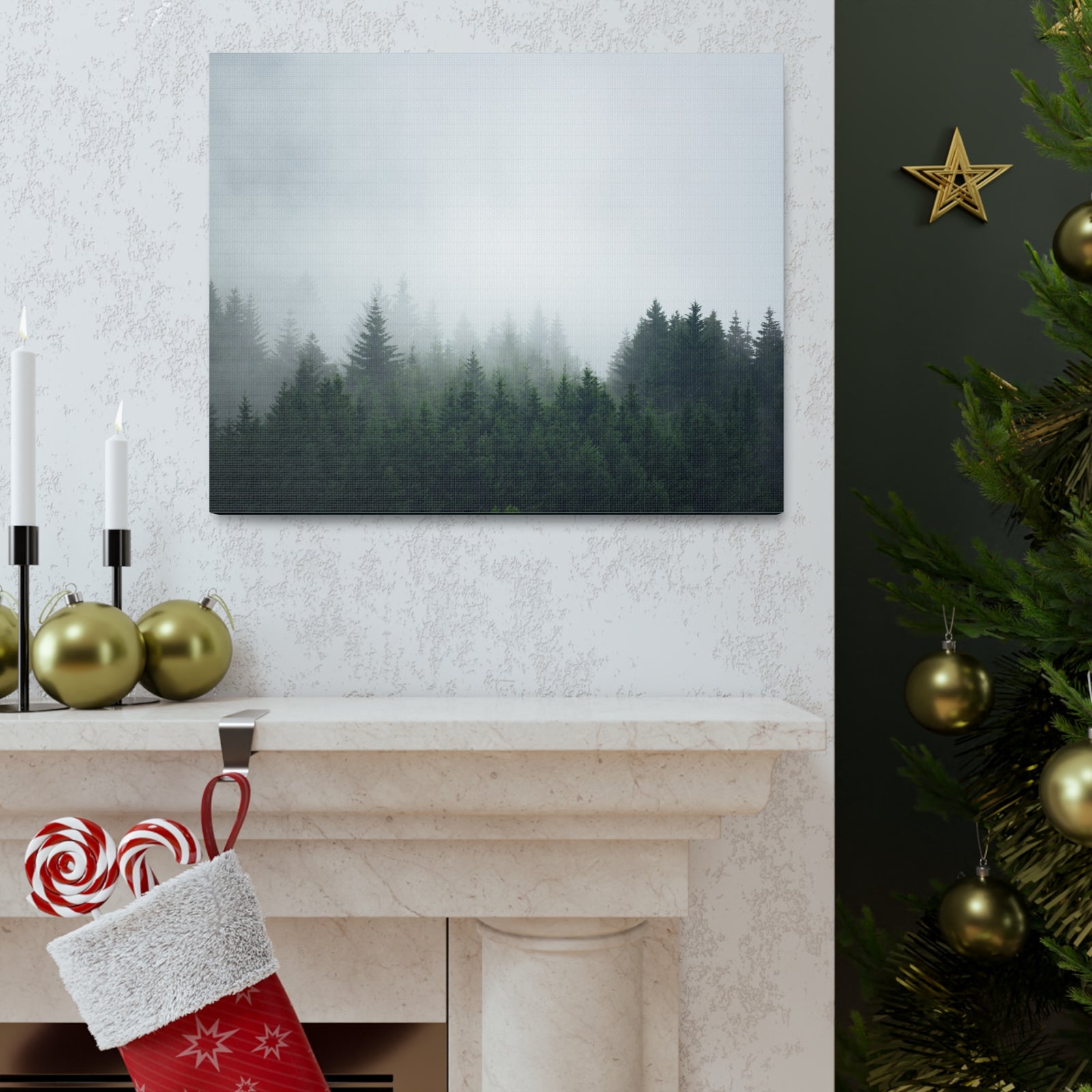 Foggy Dark Forest Nature Wilderness Photography Canvas Wall Art for Home Decor Ready-to-Hang-Express Your Love Gifts