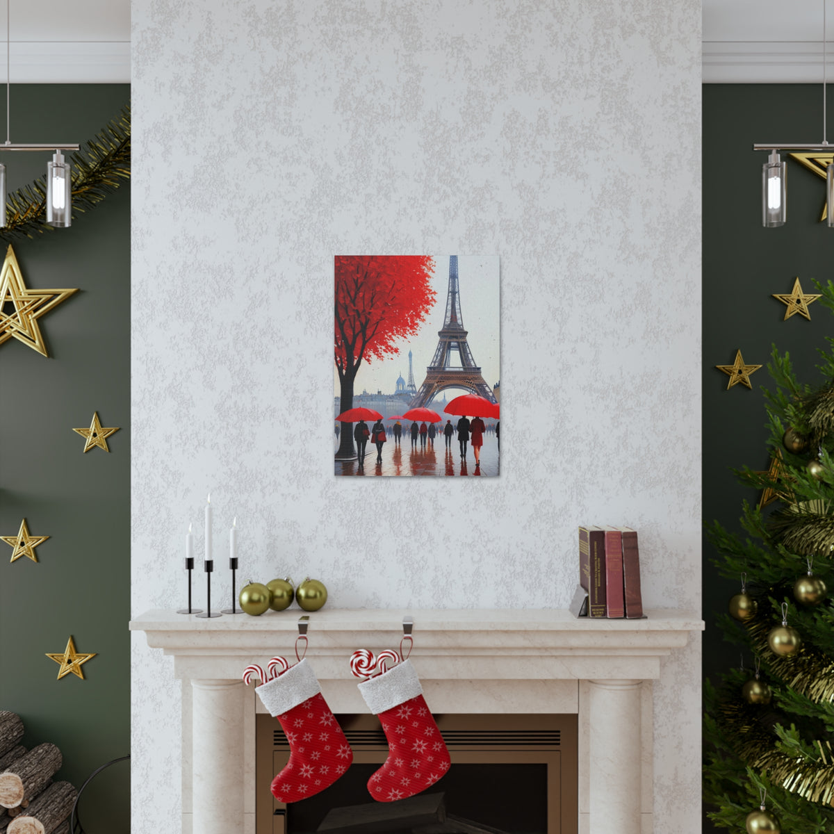 Paris Eiffel Tower Crowd With Red Umbrella France Canvas Artwork High-Quality Breathtaking French City for Home Decor Ready to Hang-Express Your Love Gifts