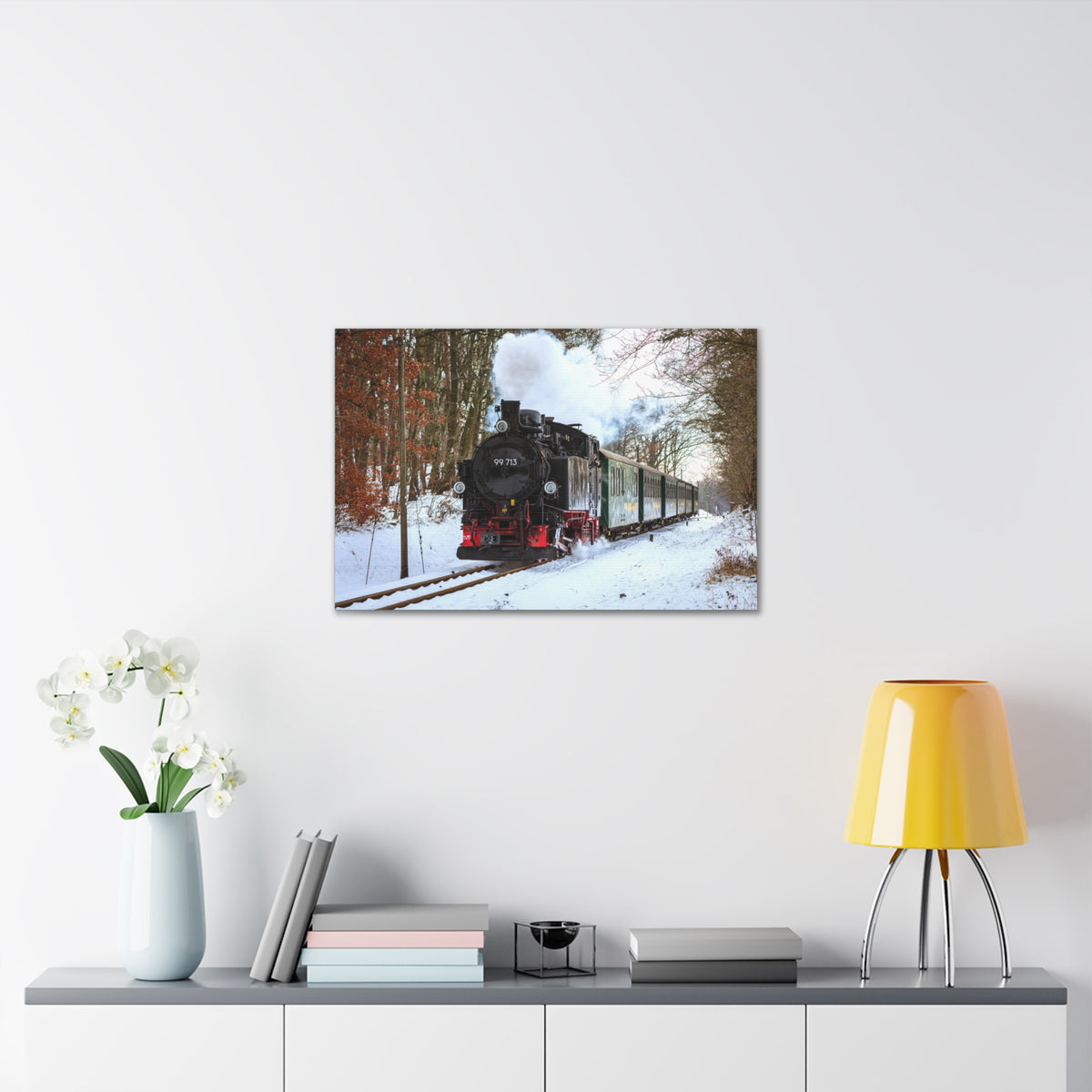 Steam Train Winter White Smoke Modern Multicolor Scenic Nature Photography Canvas Home Office Decor Ready to Hang-Express Your Love Gifts