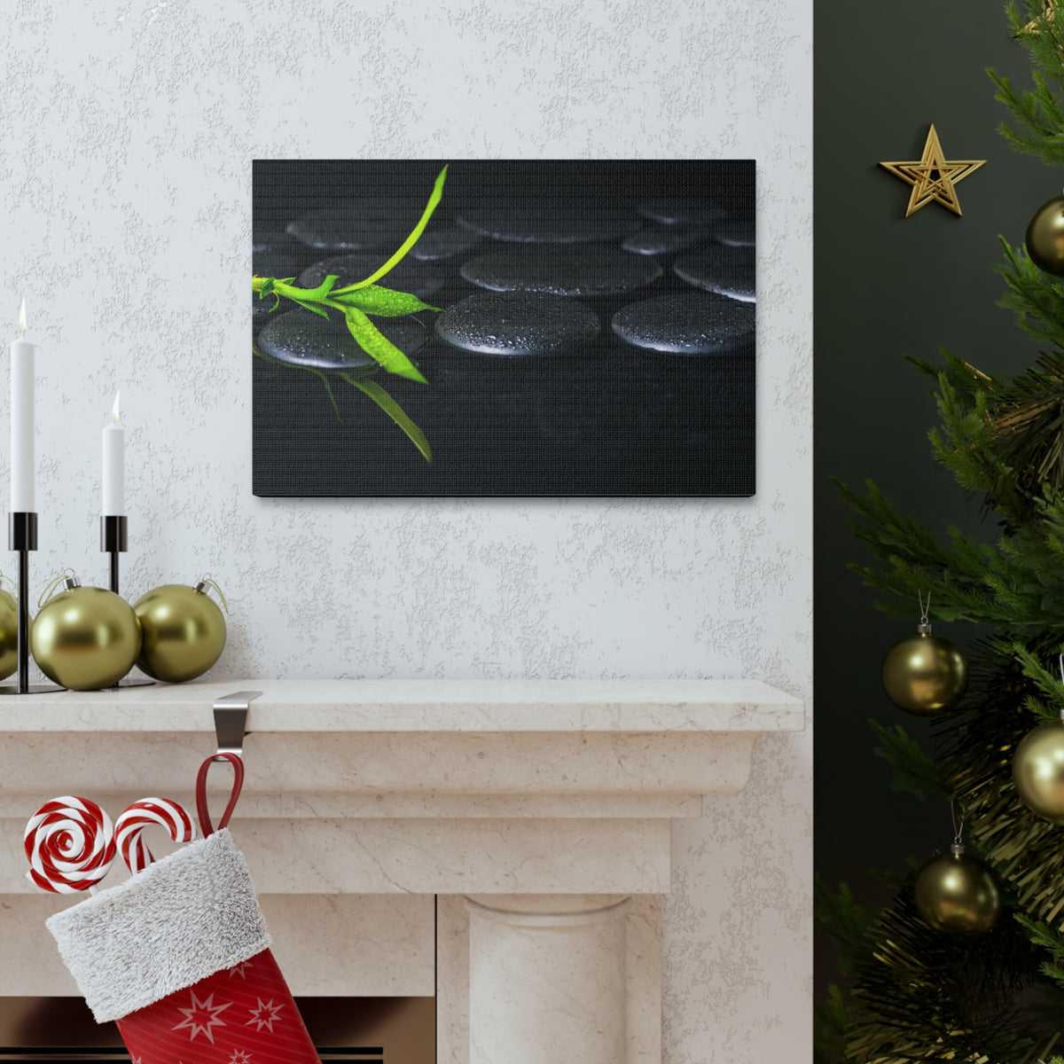 Green Bamboo on Stones Forest Floral Nature Photography Canvas Wall Art for Home Decor Ready-to-Hang-Express Your Love Gifts