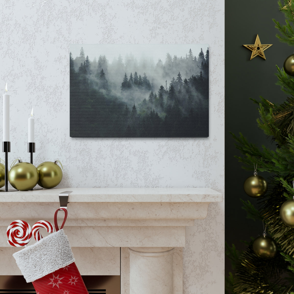 Misty Pine Tree Green Forest Nature Wilderness Photography Canvas Wall Art for Home Decor Ready-to-Hang-Express Your Love Gifts